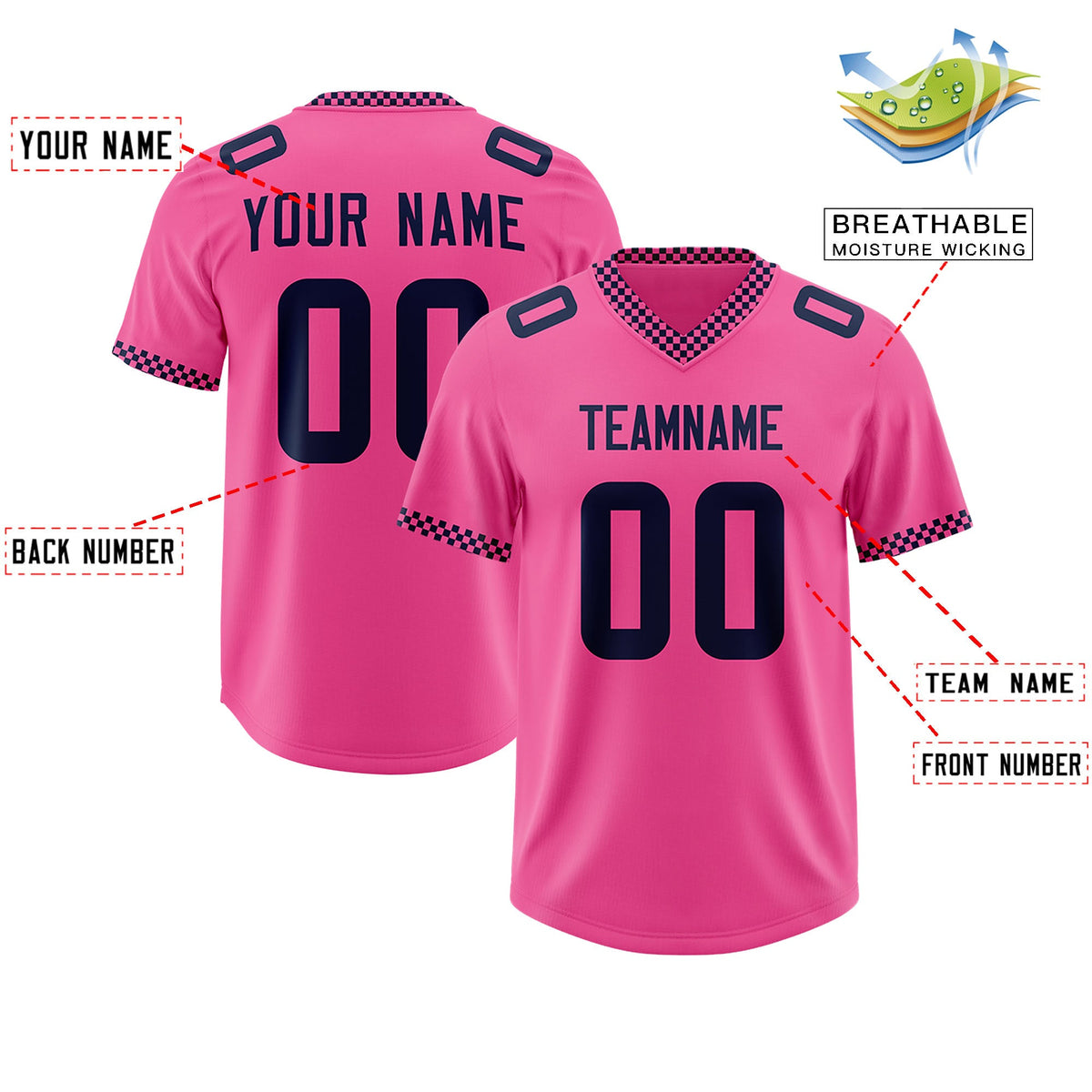 Custom Pink Navy Personalized Neckline Square Classic Authentic Football Jersey