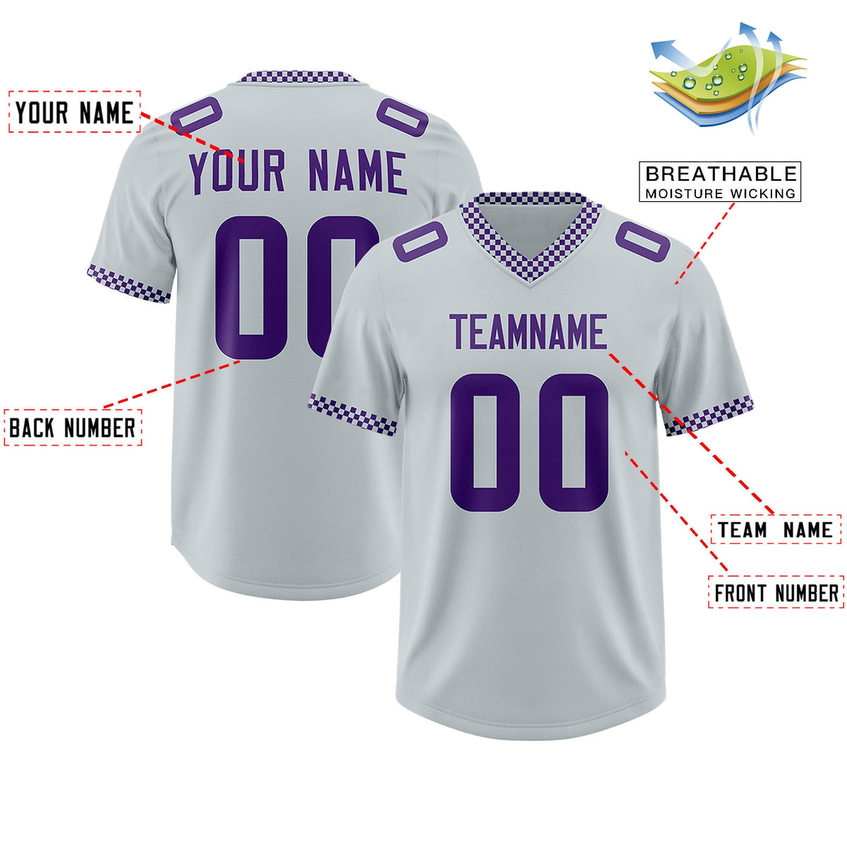 Custom Silver Purple Personalized Neckline Square Classic Authentic Football Jersey