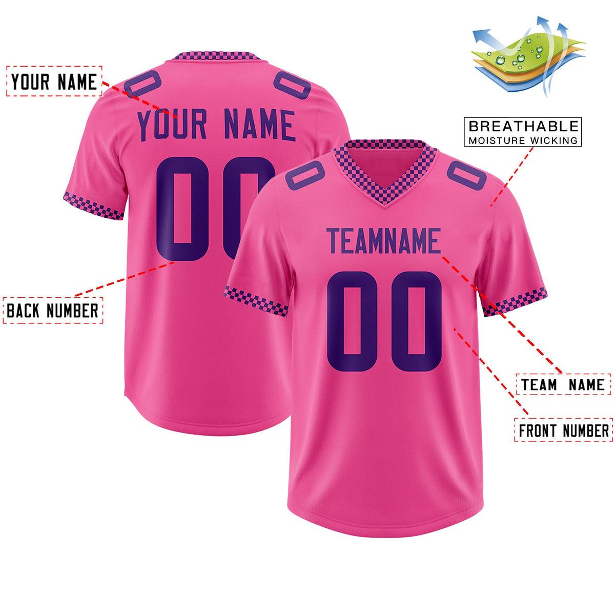 Custom Pink Purple Personalized Neckline Square Classic Authentic Football Jersey
