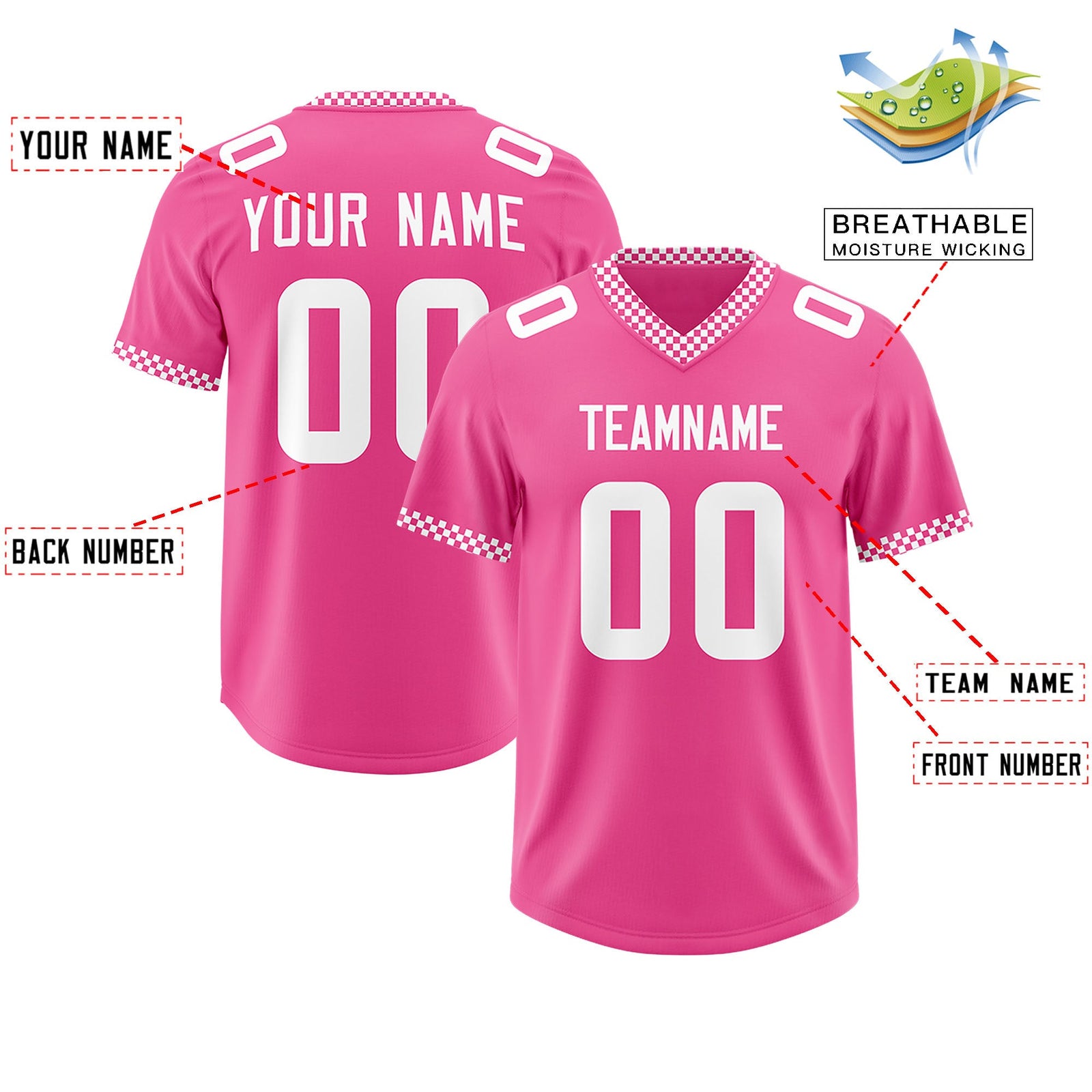 Custom Pink White Personalized Neckline Square Classic Authentic Football Jersey