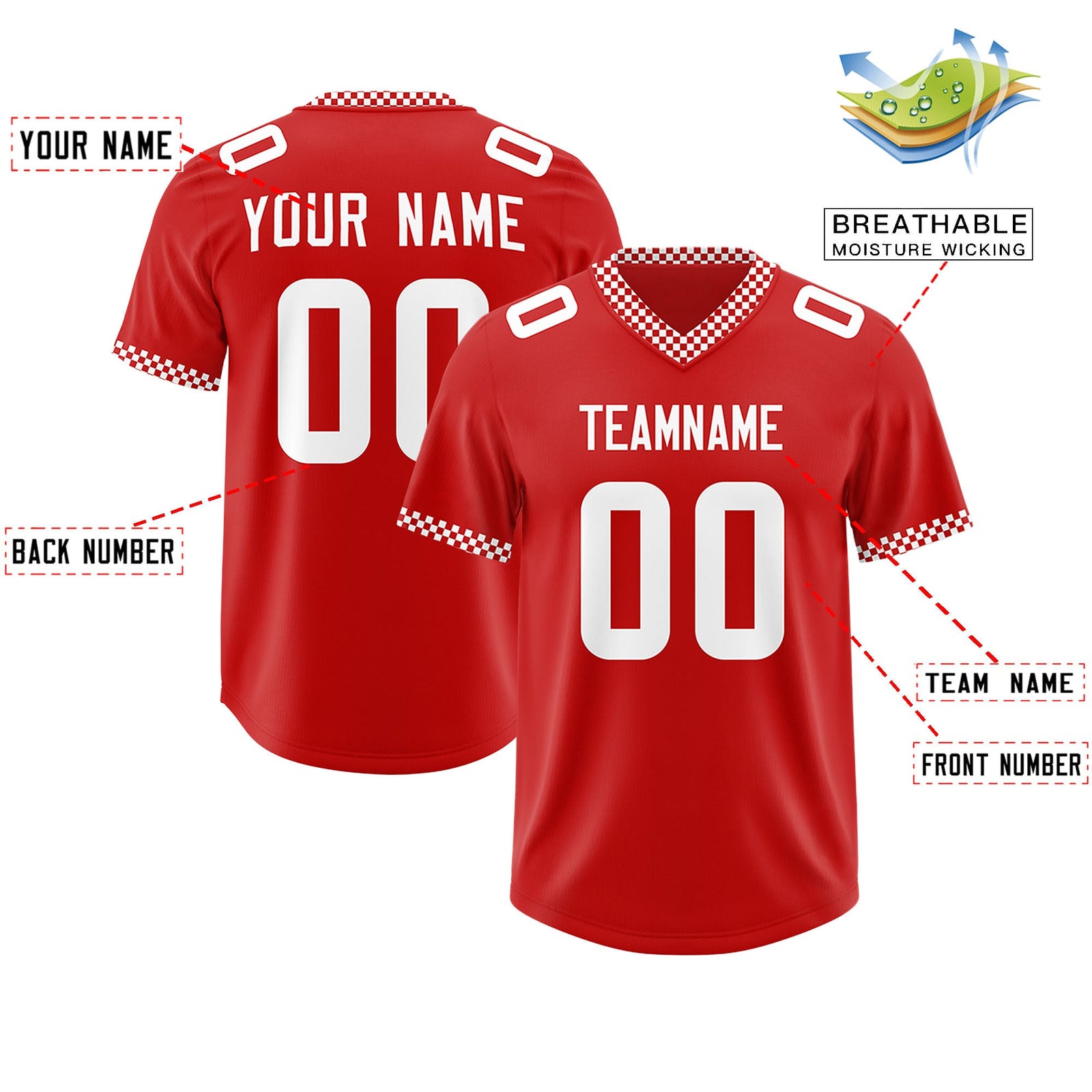 Custom Red White Personalized Neckline Square Classic Authentic Football Jersey