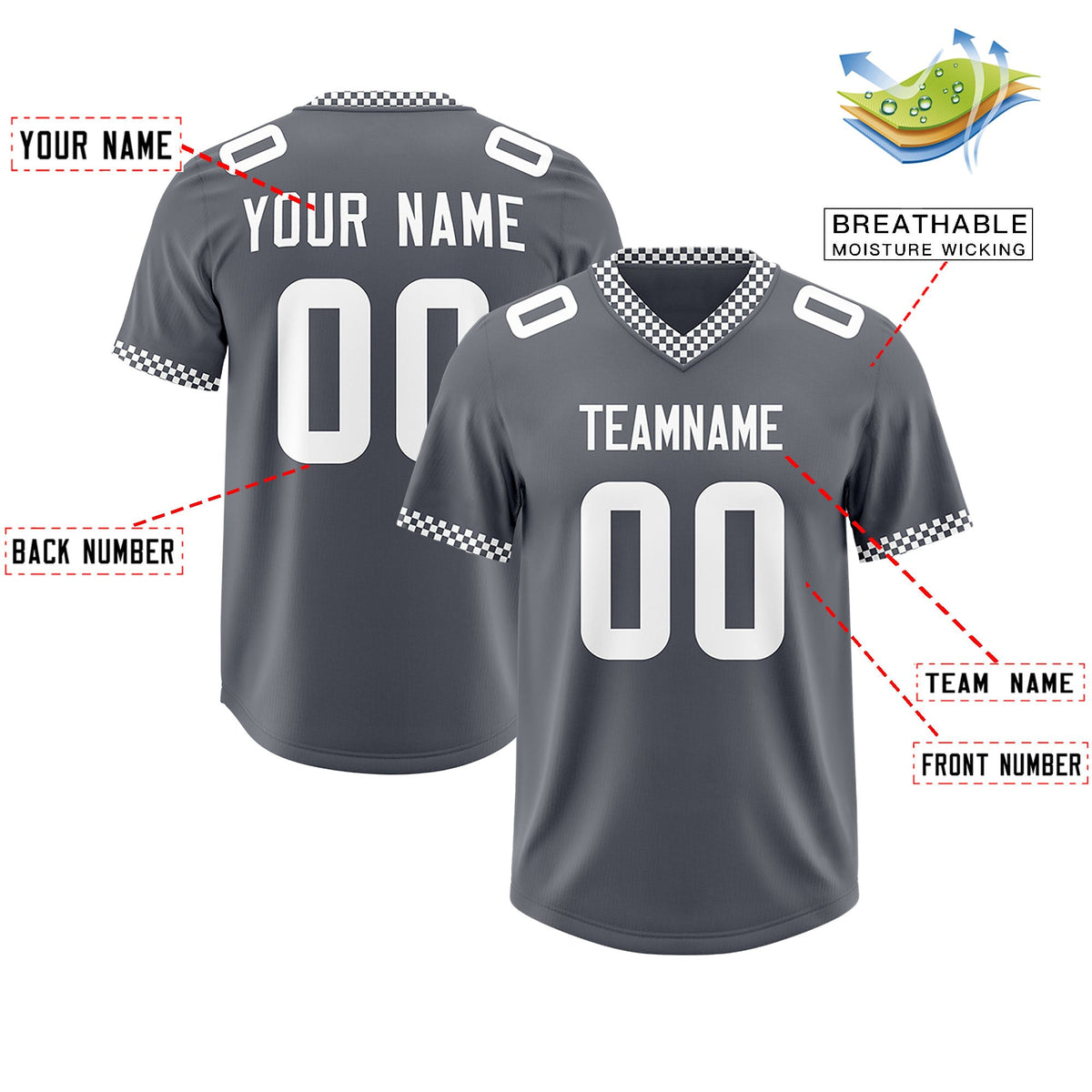 Custom Dark Gray White Personalized Neckline Square Classic Authentic Football Jersey