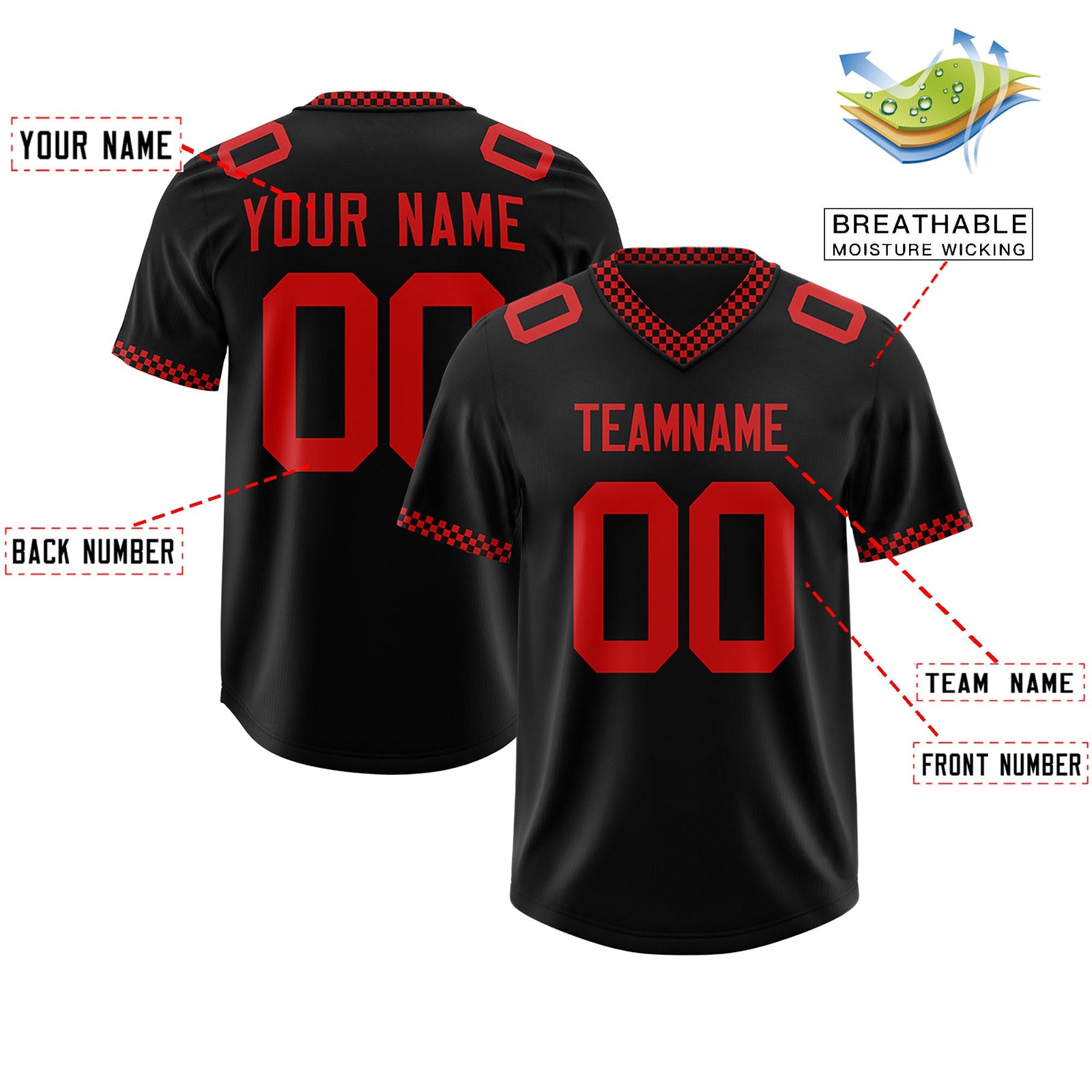 Custom Black Red Personalized Neckline Square Classic Authentic Football Jersey