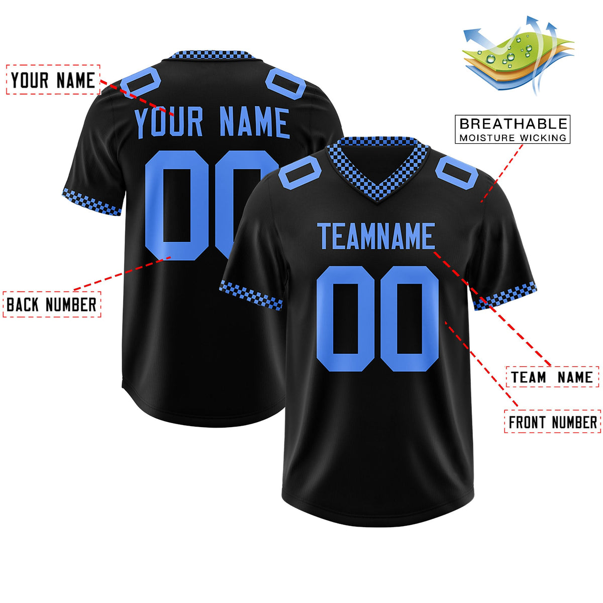 Custom Black Powder Blue Personalized Neckline Square Classic Authentic Football Jersey