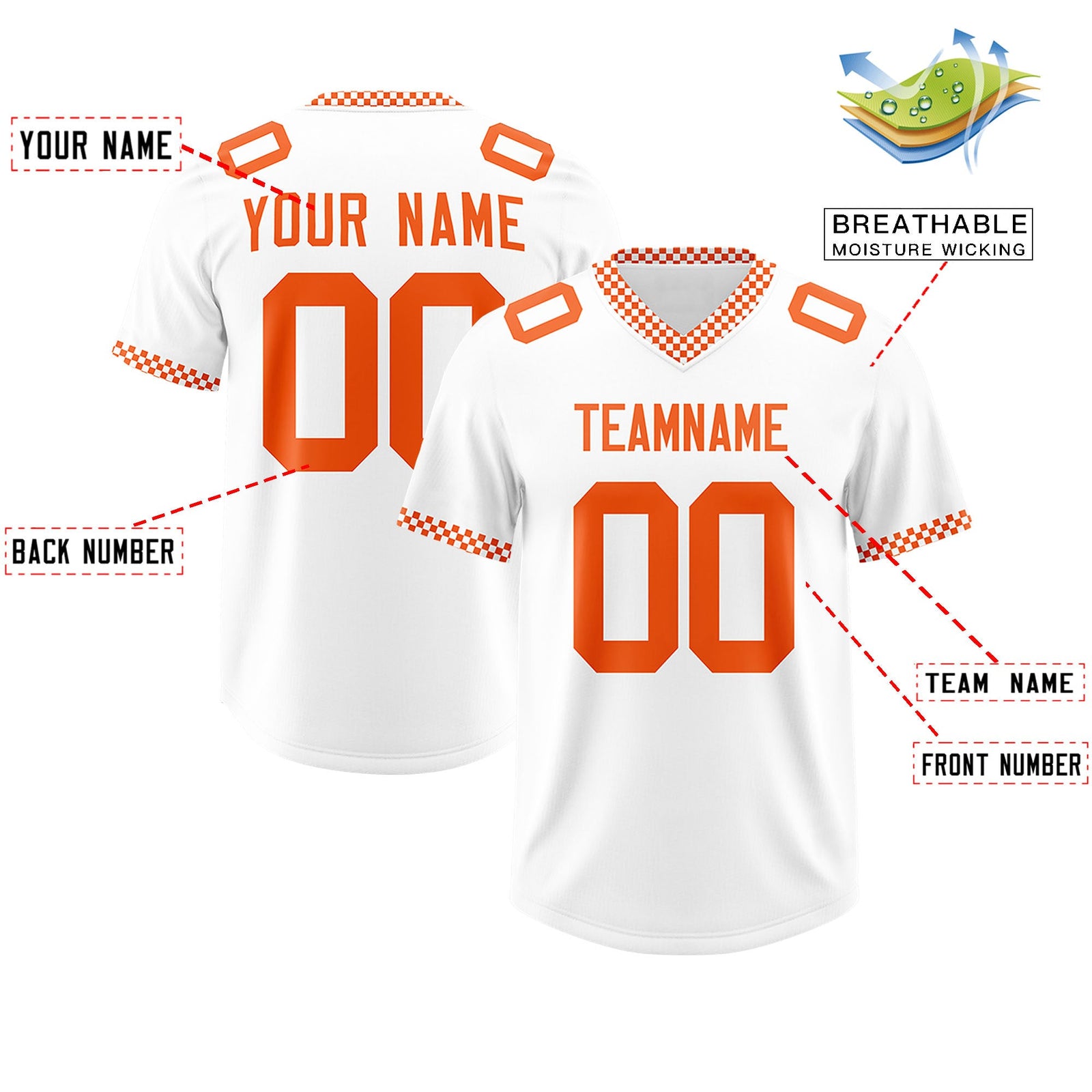Custom White Orange Personalized Neckline Square Classic Authentic Football Jersey