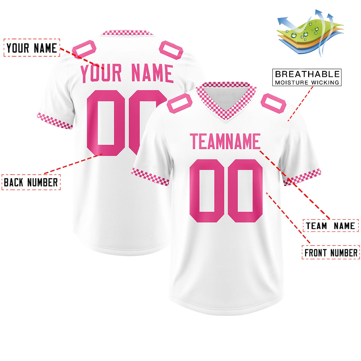 Custom White Pink Personalized Neckline Square Classic Authentic Football Jersey