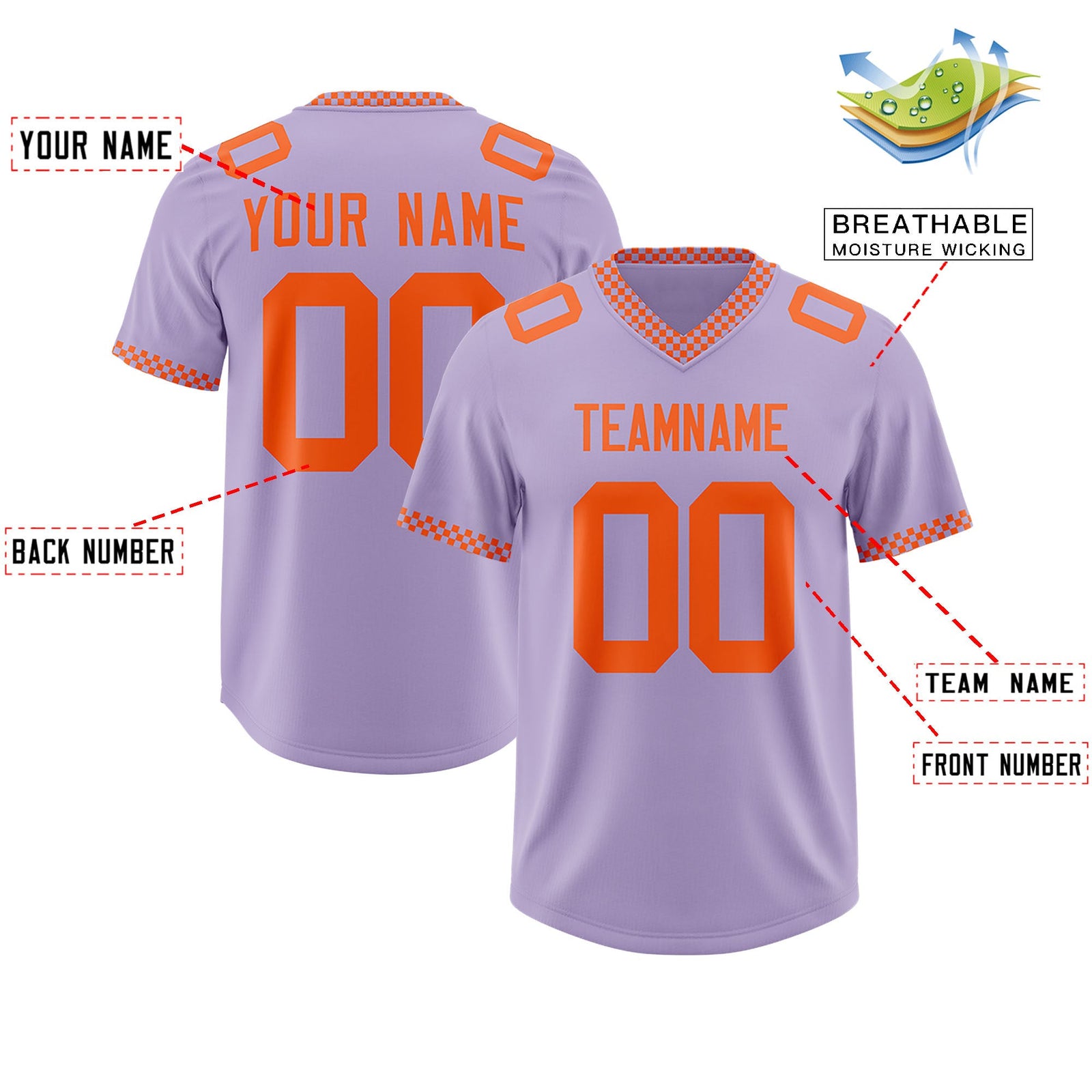 Custom Light Purple Orange Personalized Neckline Square Classic Authentic Football Jersey