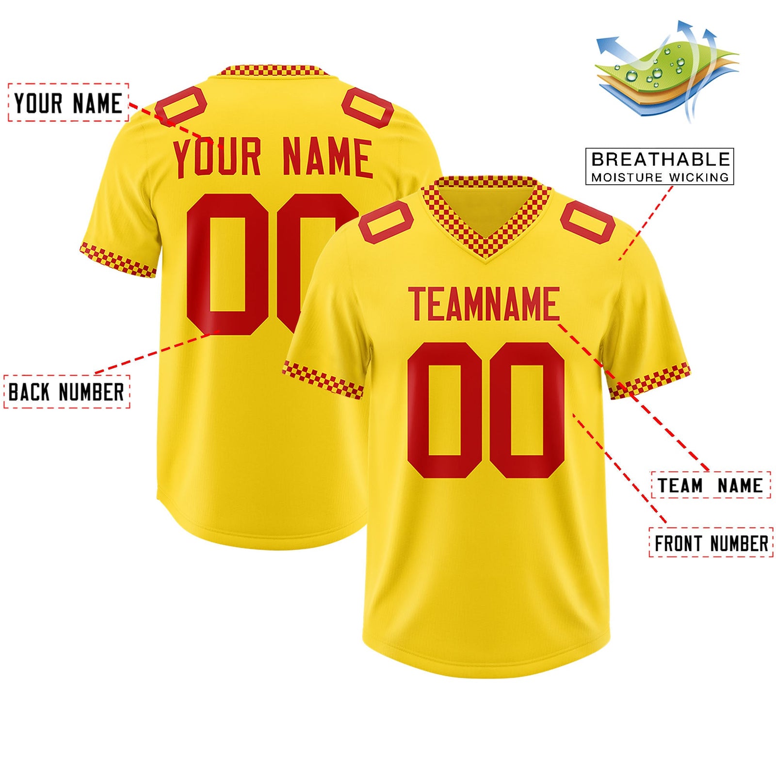 Custom Yellow Red Personalized Neckline Square Classic Authentic Football Jersey