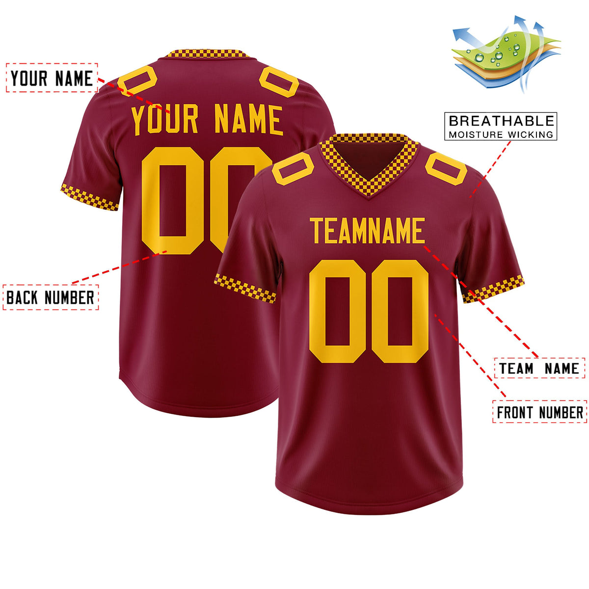 Custom Crimson Yellow Personalized Neckline Square Classic Authentic Football Jersey