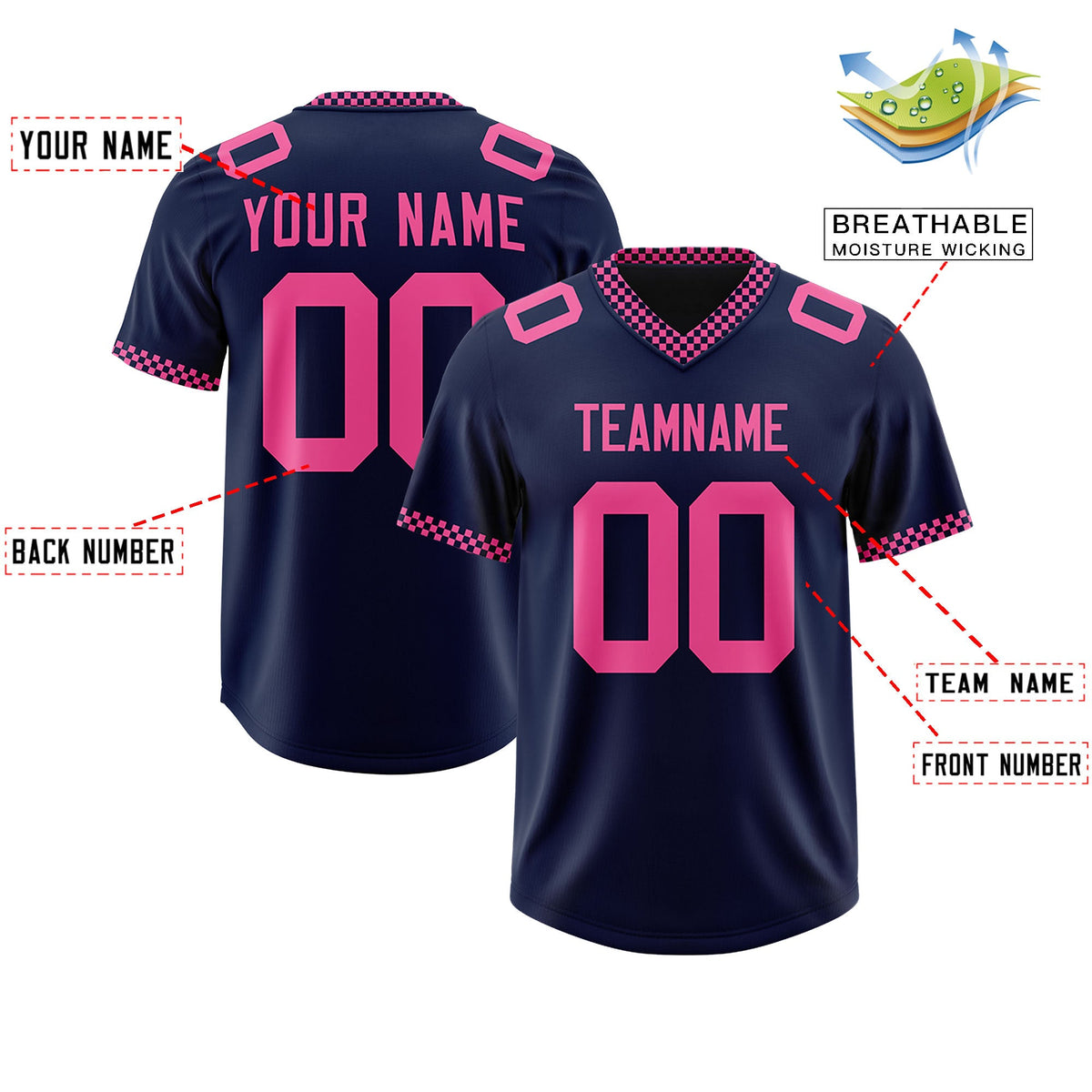 Custom Navy Pink Personalized Neckline Square Classic Authentic Football Jersey