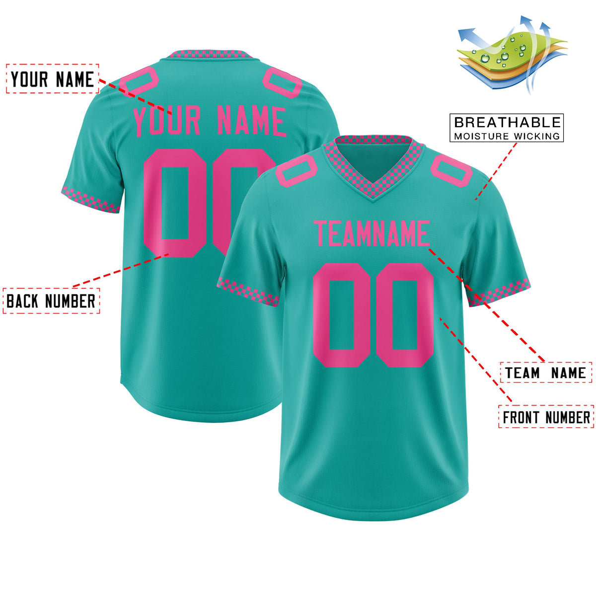 Custom Aqua Pink Personalized Neckline Square Classic Authentic Football Jersey