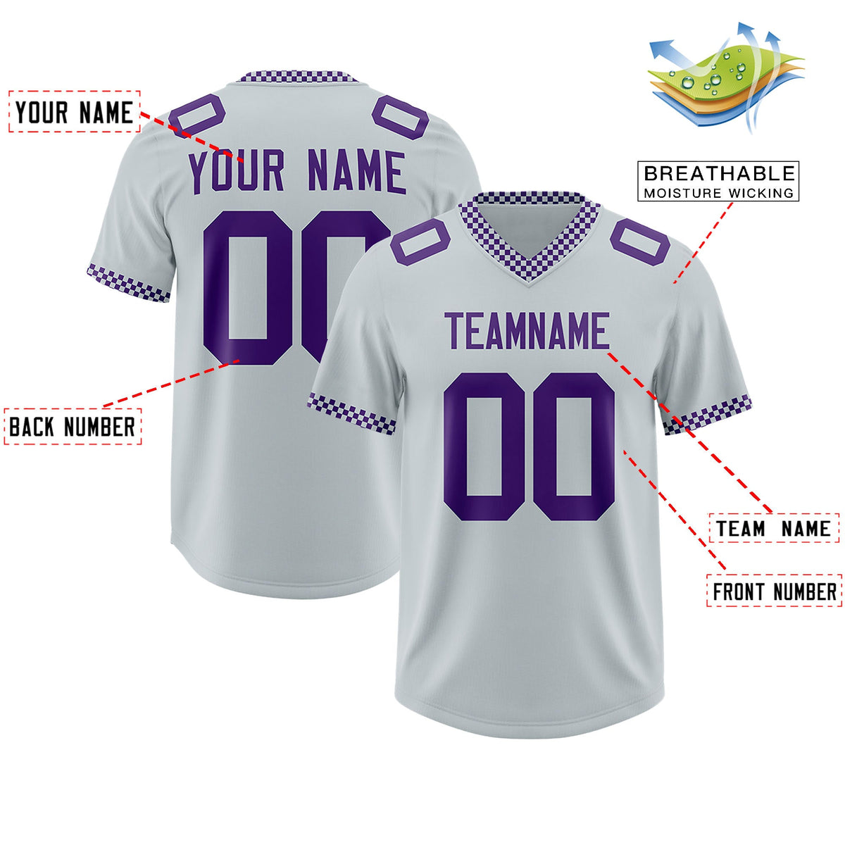 Custom Silver Purple Personalized Neckline Square Classic Authentic Football Jersey