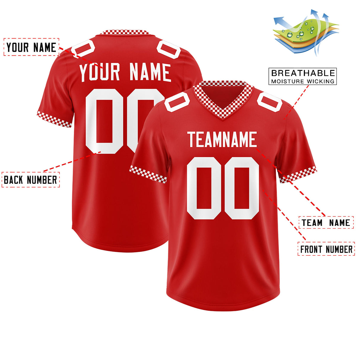 Custom Red White Personalized Neckline Square Classic Authentic Football Jersey