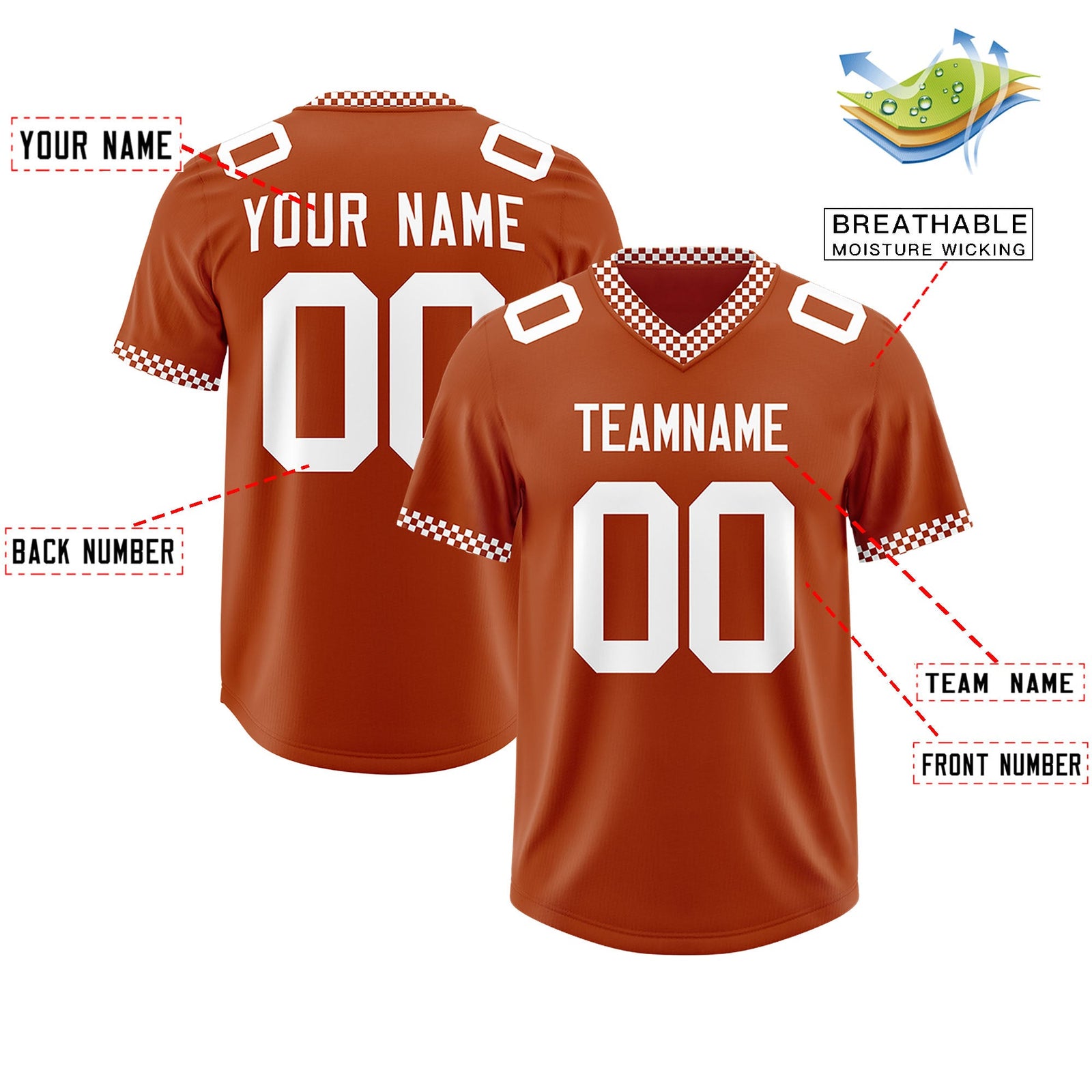 Custom Texas Orange White Personalized Neckline Square Classic Authentic Football Jersey