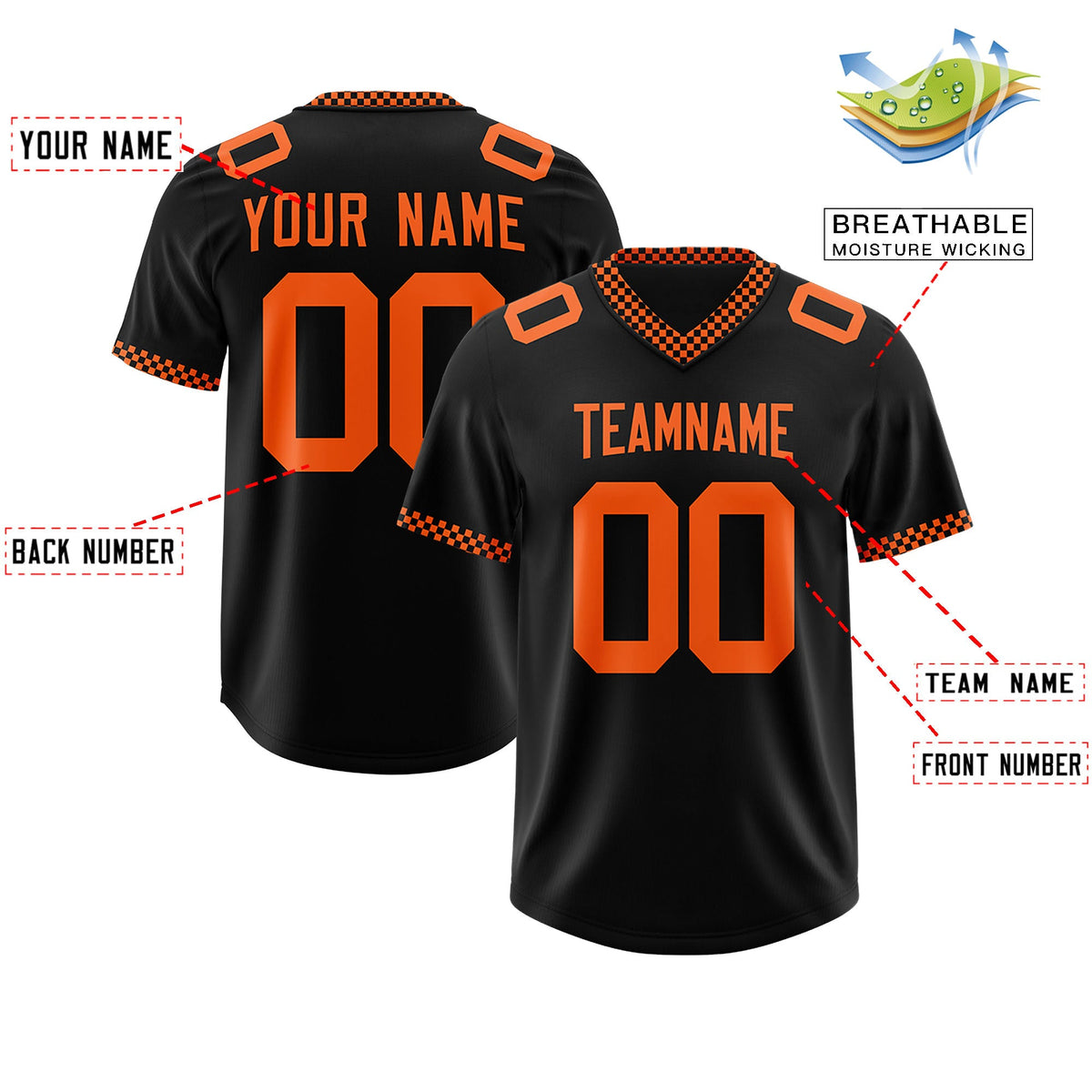 Custom Black Orange Personalized Neckline Square Classic Authentic Football Jersey