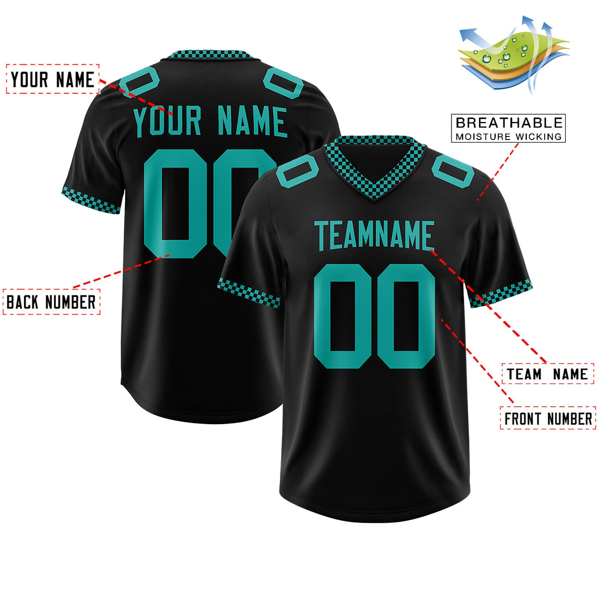 Custom Black Aqua Personalized Neckline Square Classic Authentic Football Jersey