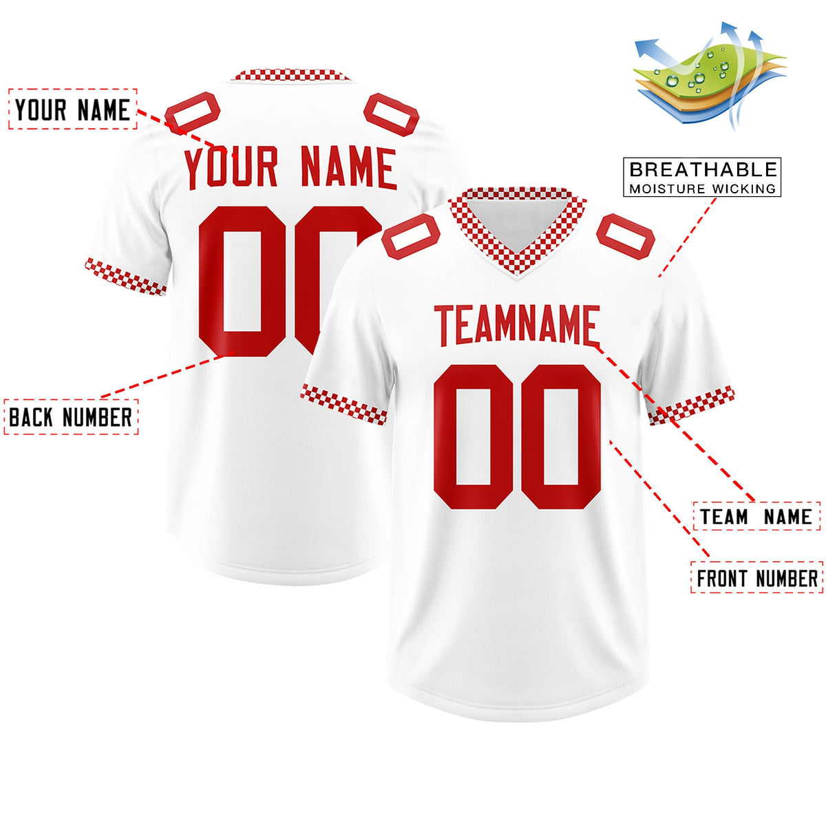 Custom White Red Personalized Neckline Square Classic Authentic Football Jersey