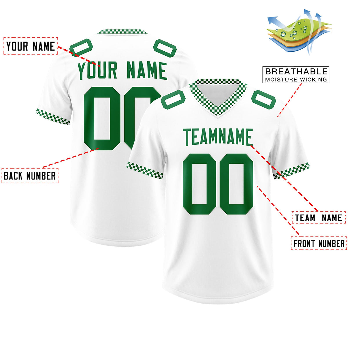 Custom White Kelly Green Personalized Neckline Square Classic Authentic Football Jersey
