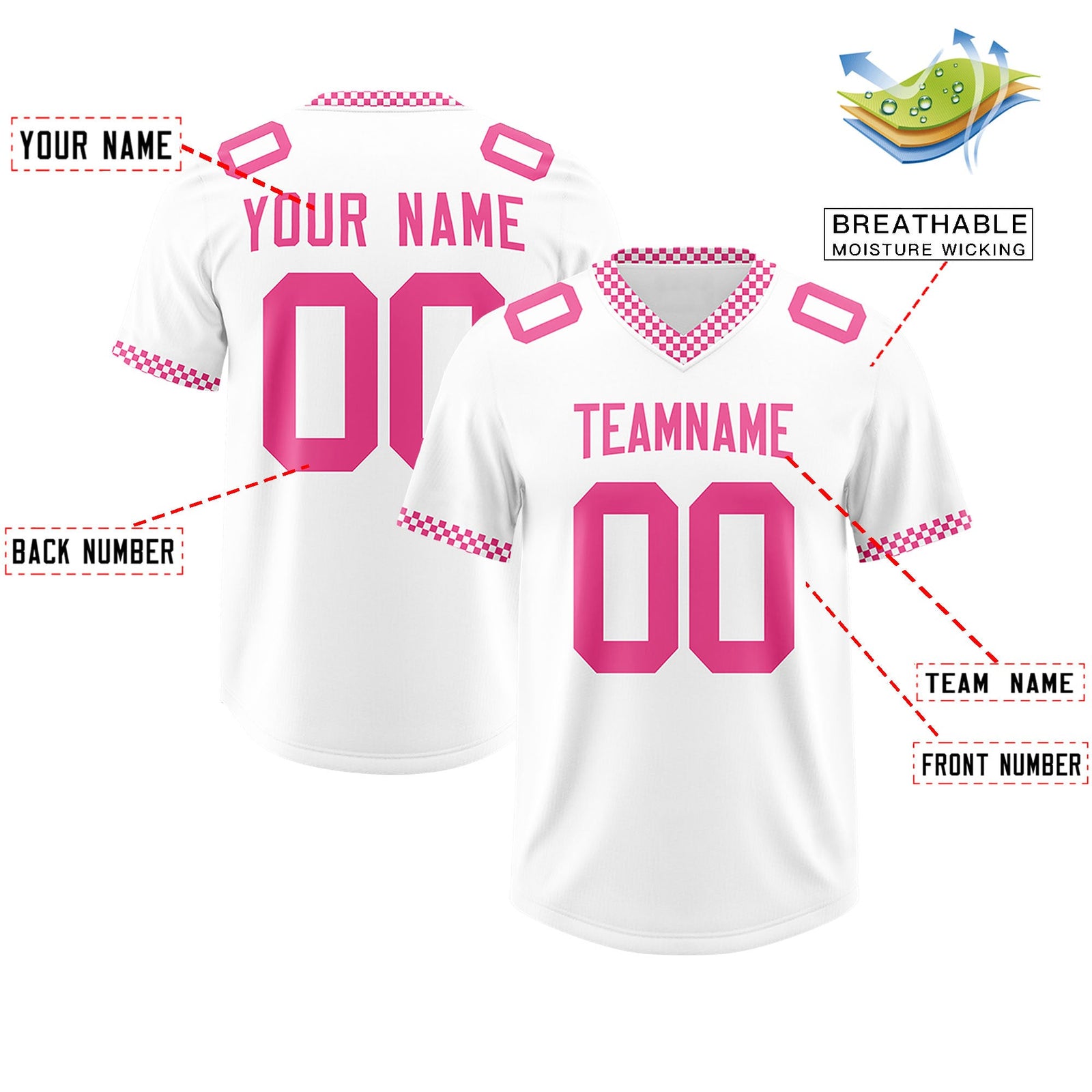 Custom White Pink Personalized Neckline Square Classic Authentic Football Jersey