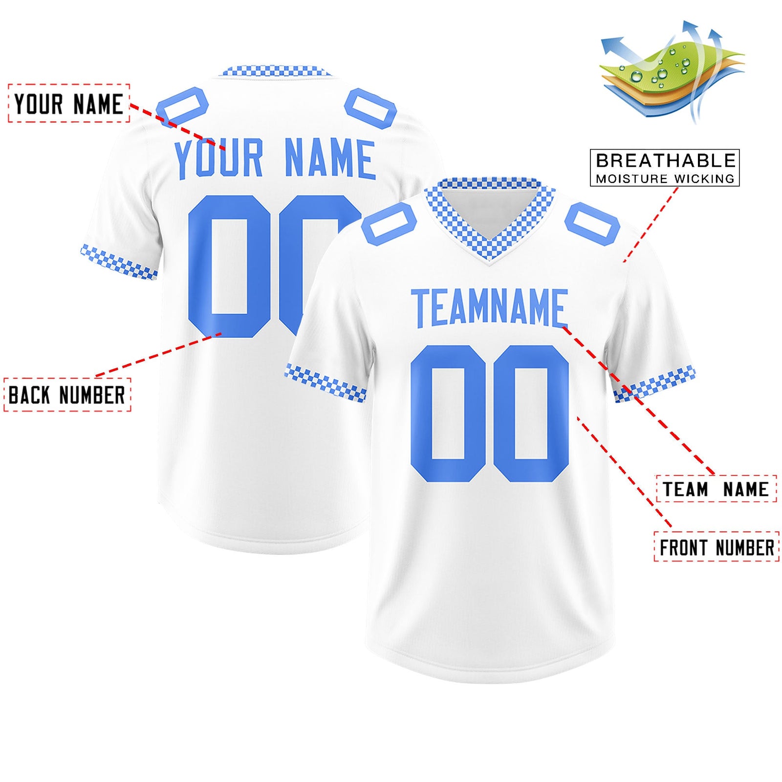 Custom White Powder Blue Personalized Neckline Square Classic Authentic Football Jersey