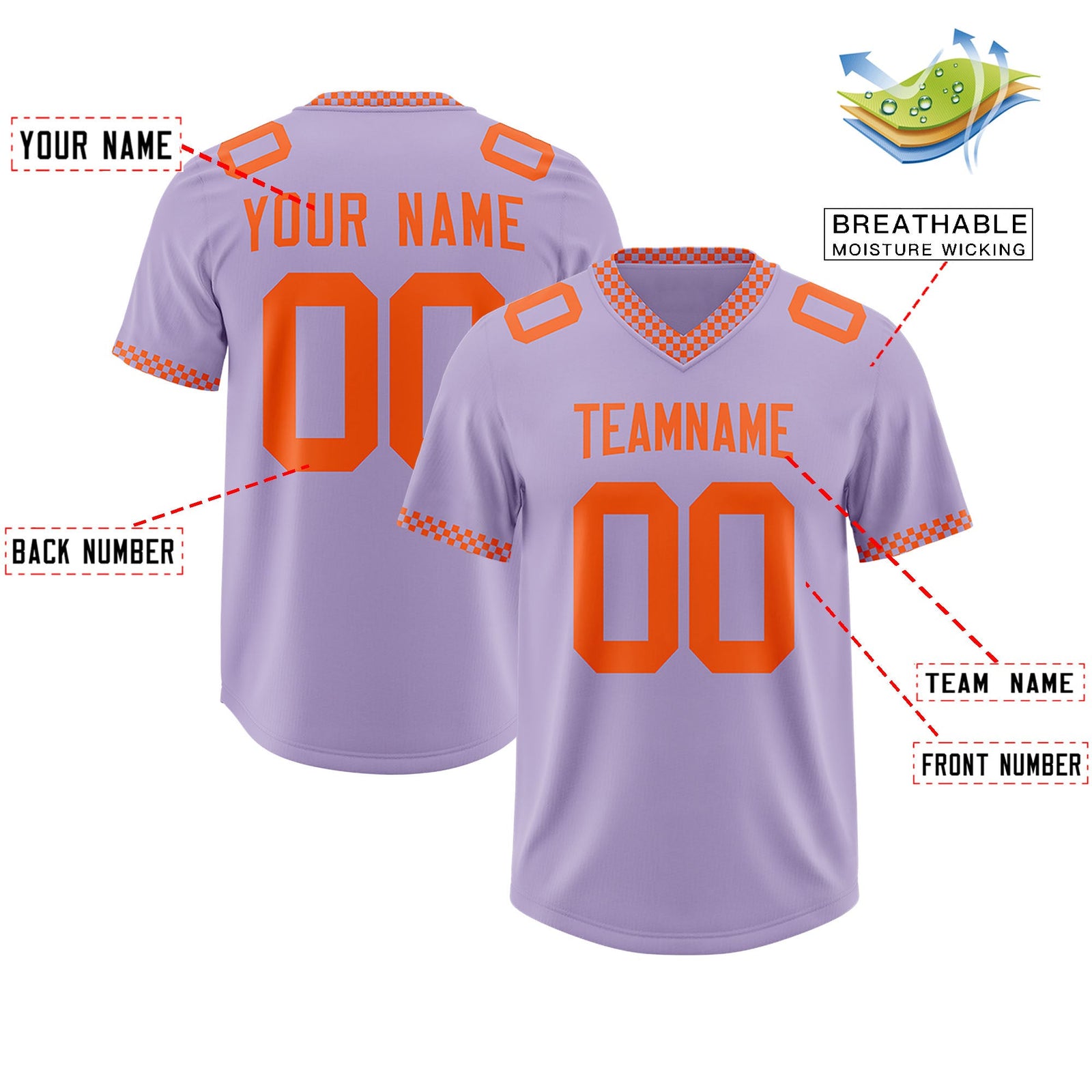 Custom Light Purple Orange Personalized Neckline Square Classic Authentic Football Jersey