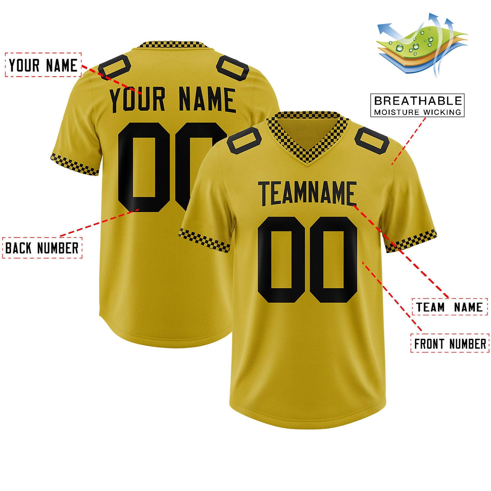 Custom Old Gold Black Personalized Neckline Square Classic Authentic Football Jersey