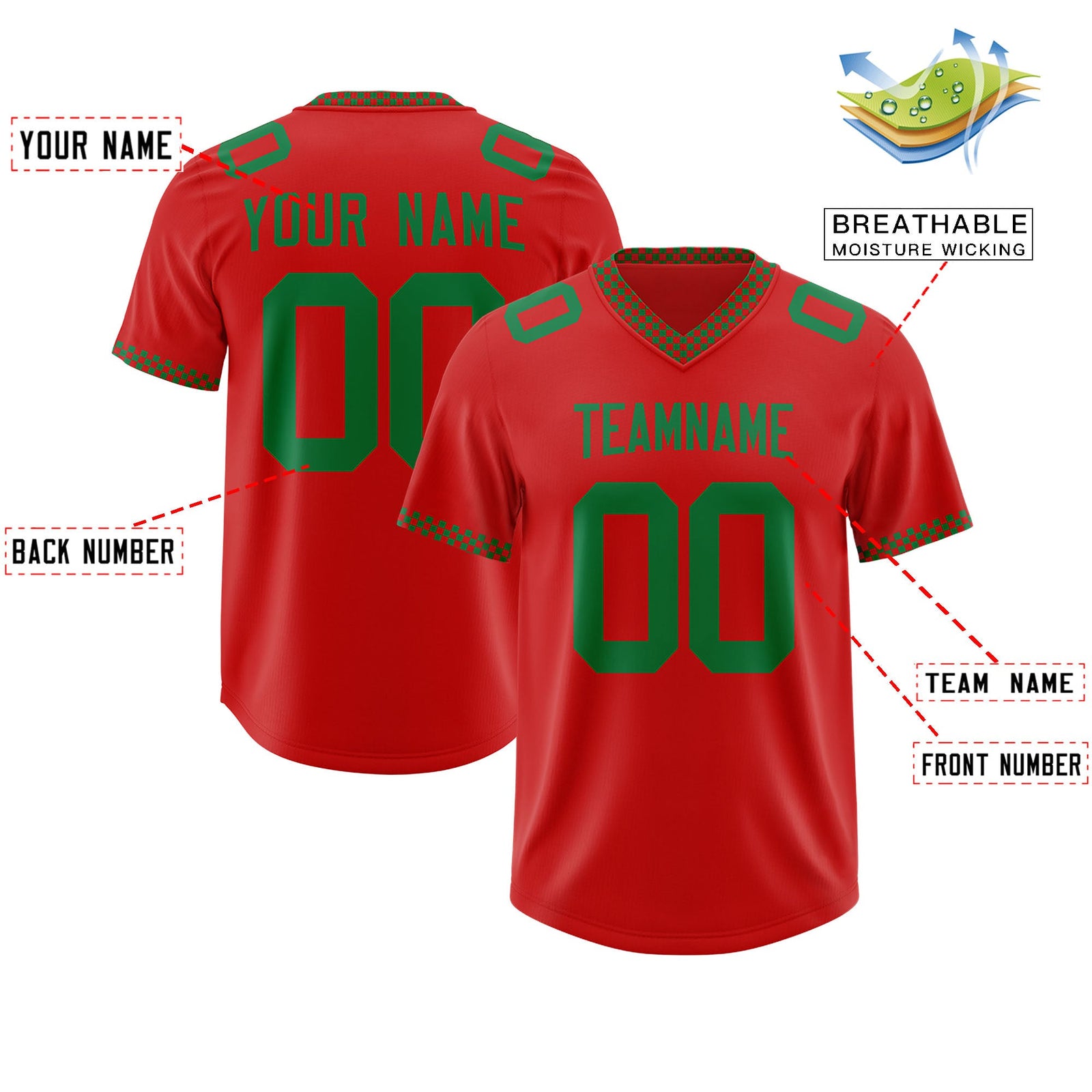 Custom Red Kelly Green Personalized Neckline Square Classic Authentic Football Jersey