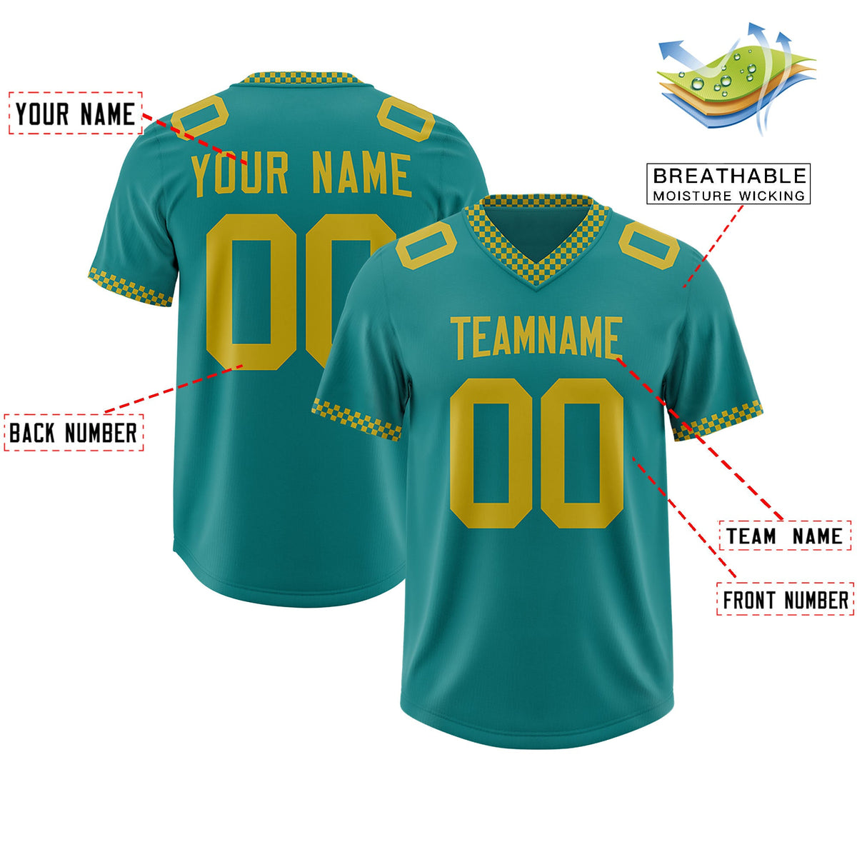 Custom Aqua Old Gold Personalized Neckline Square Classic Authentic Football Jersey