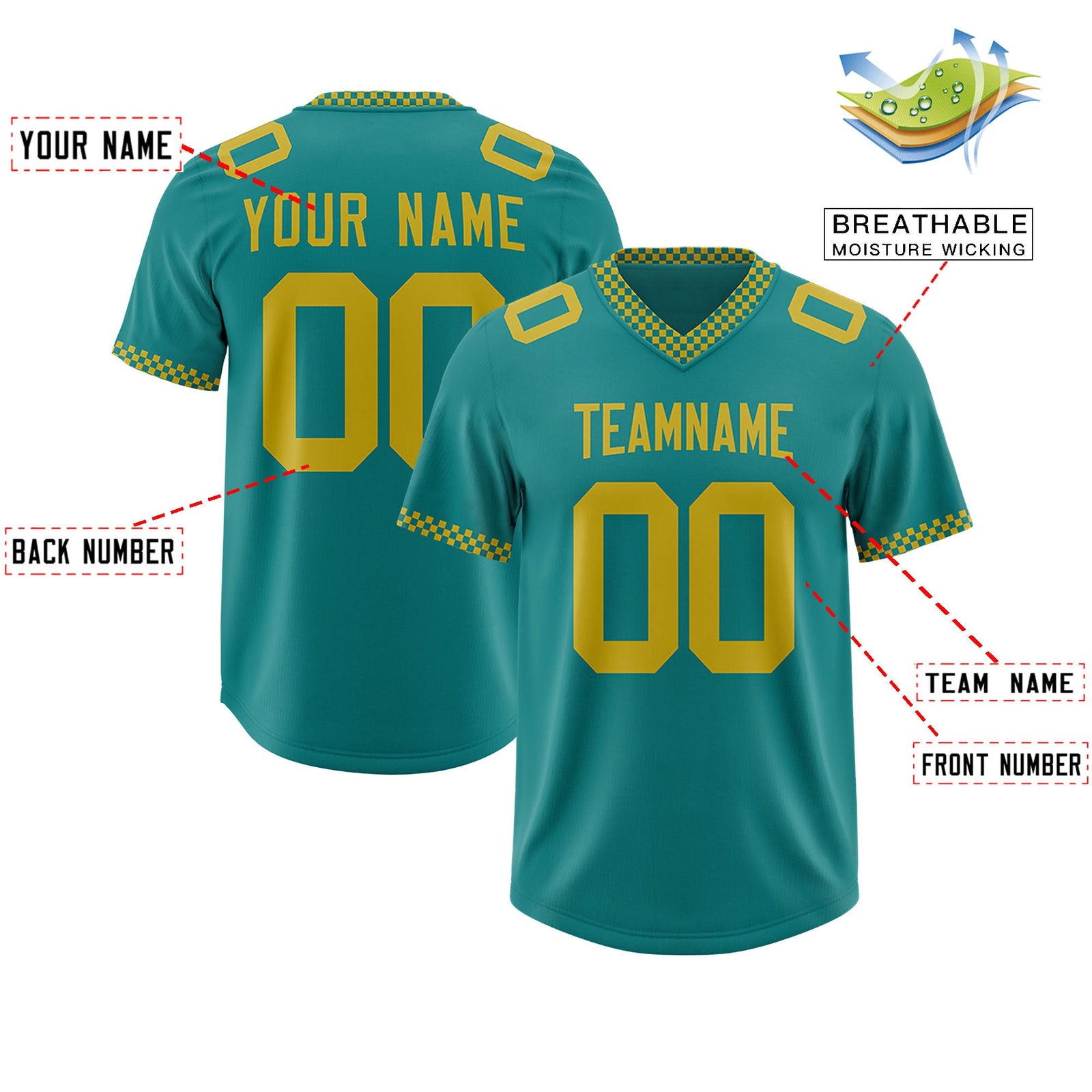 Custom Aqua Old Gold Personalized Neckline Square Classic Authentic Football Jersey