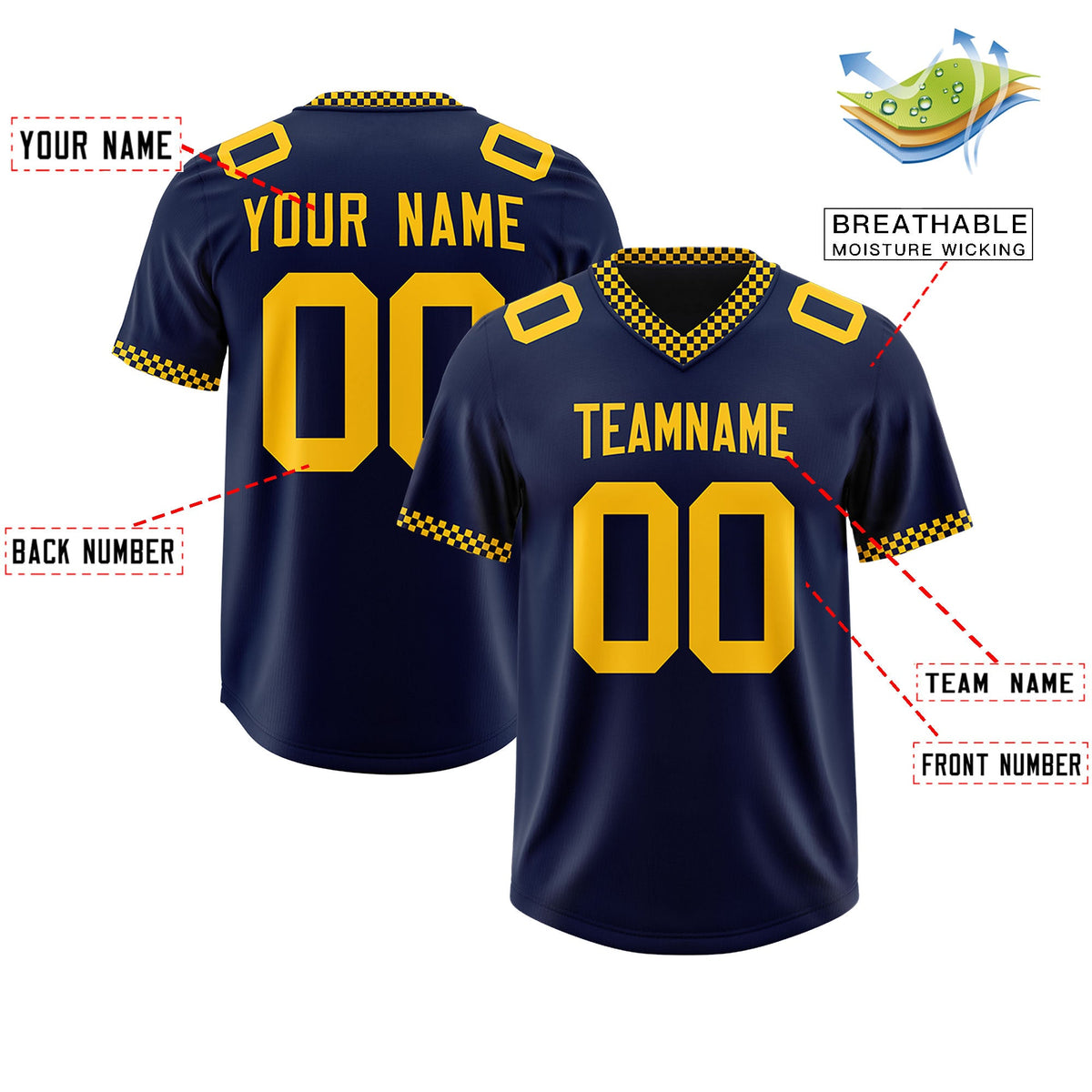 Custom Navy Yellow Personalized Neckline Square Classic Authentic Football Jersey