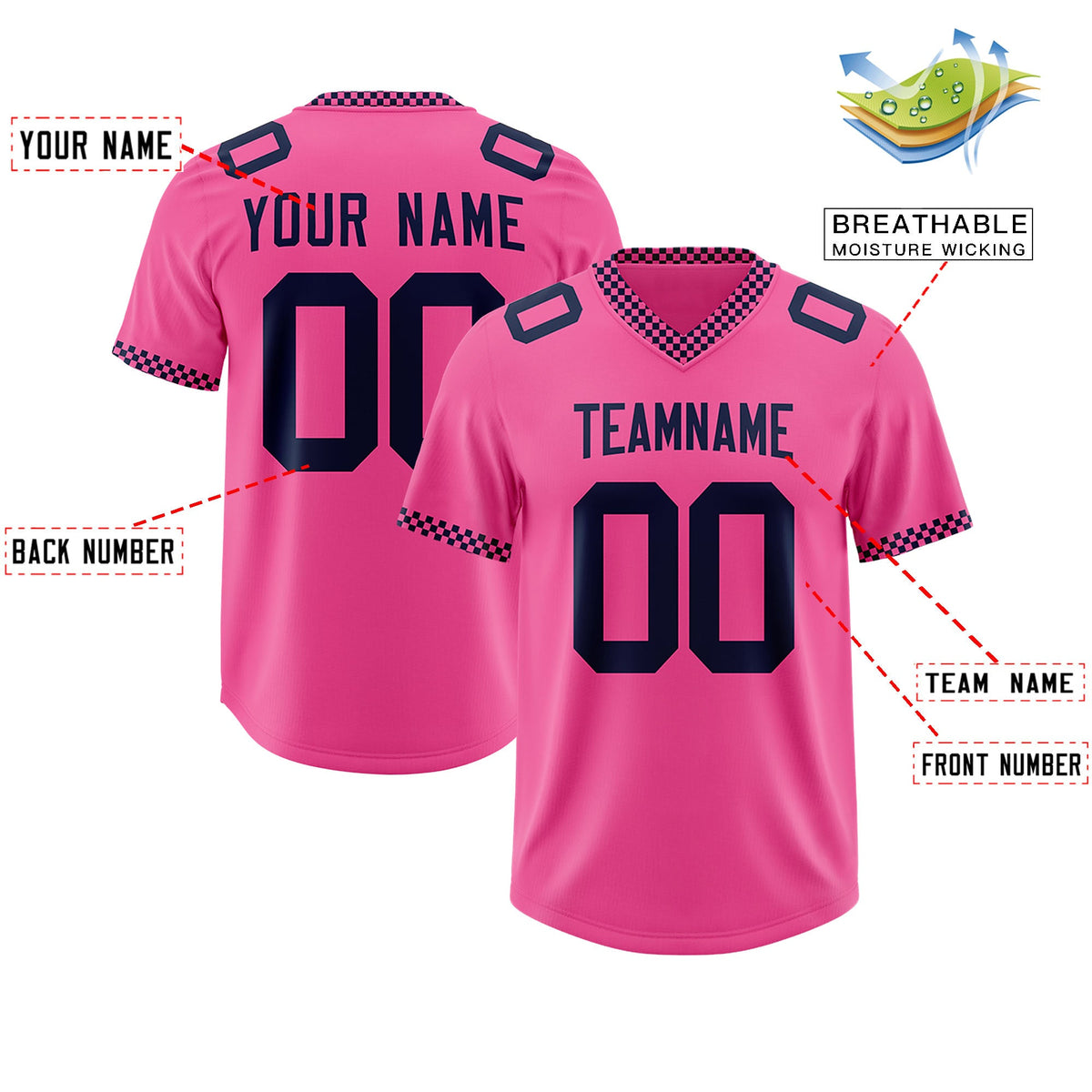 Custom Pink Navy Personalized Neckline Square Classic Authentic Football Jersey