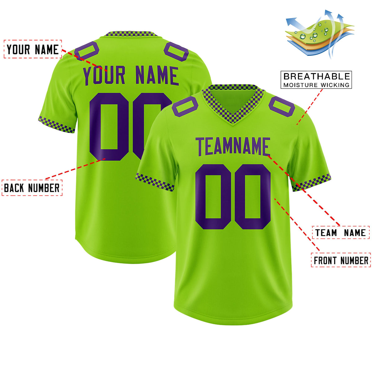 Custom Neon Green Purple Personalized Neckline Square Classic Authentic Football Jersey