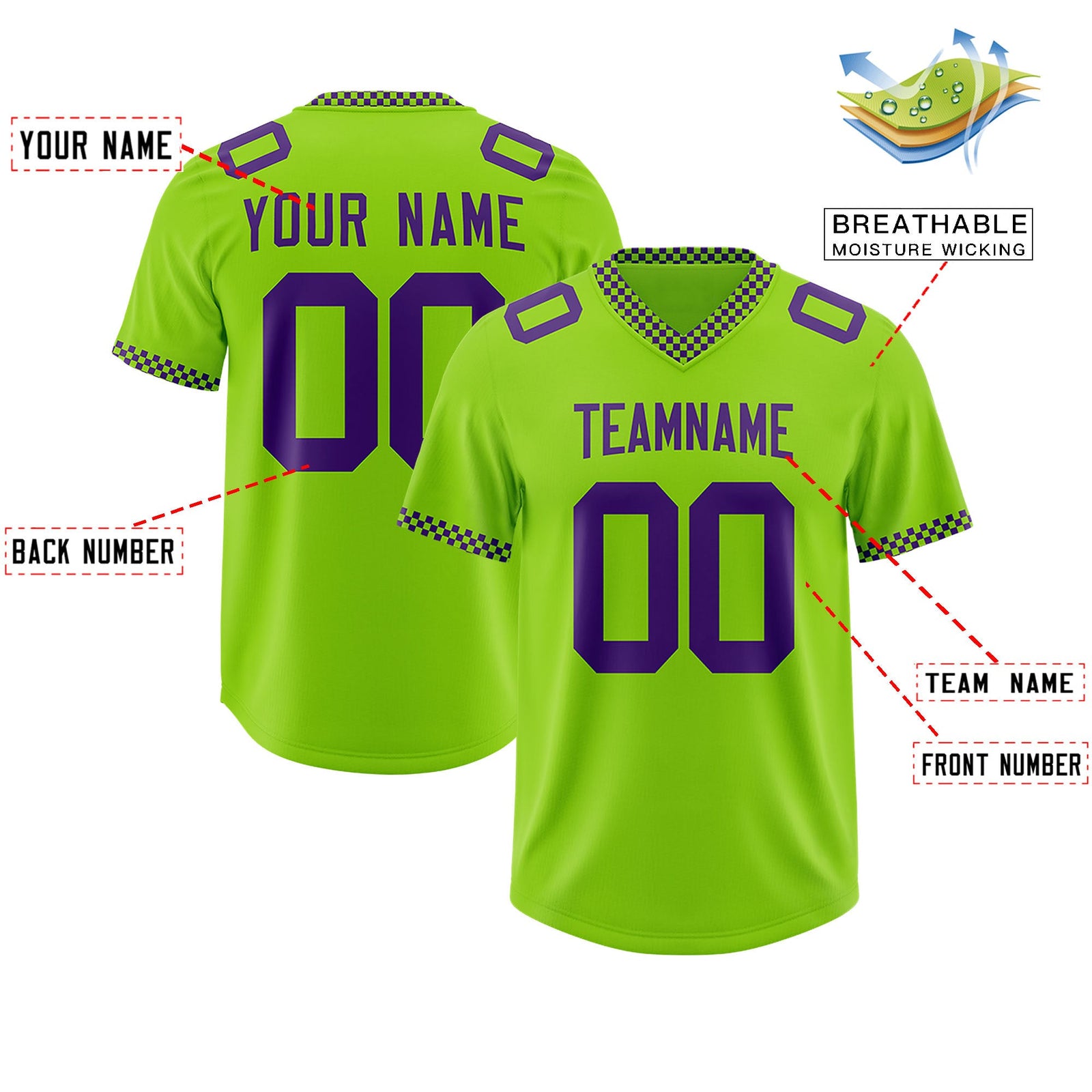 Custom Neon Green Purple Personalized Neckline Square Classic Authentic Football Jersey