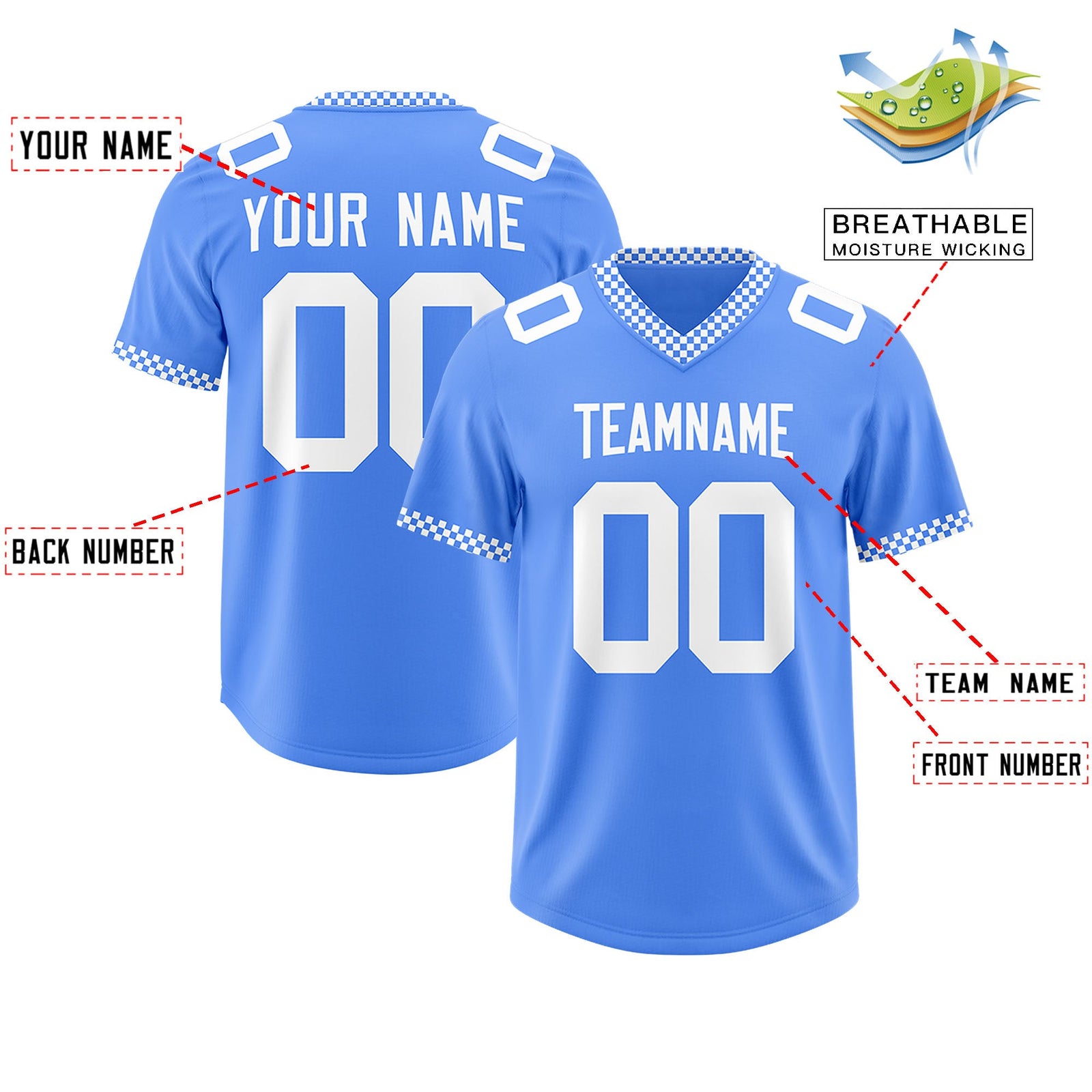 Custom Powder Blue White Personalized Neckline Square Classic Authentic Football Jersey