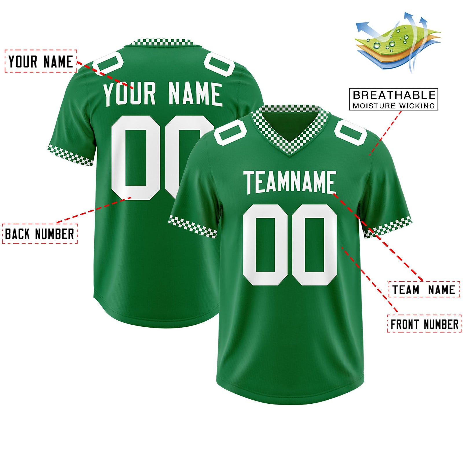 Custom Kelly Green White Personalized Neckline Square Classic Authentic Football Jersey