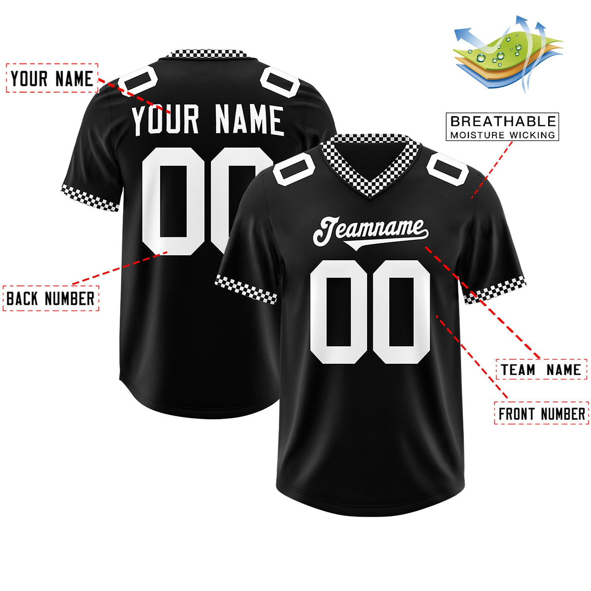 Custom Black White Personalized Neckline Square Classic Authentic Football Jersey