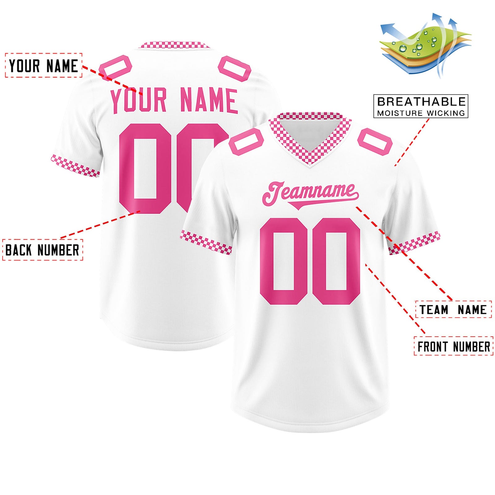 Custom White Pink Personalized Neckline Square Classic Authentic Football Jersey