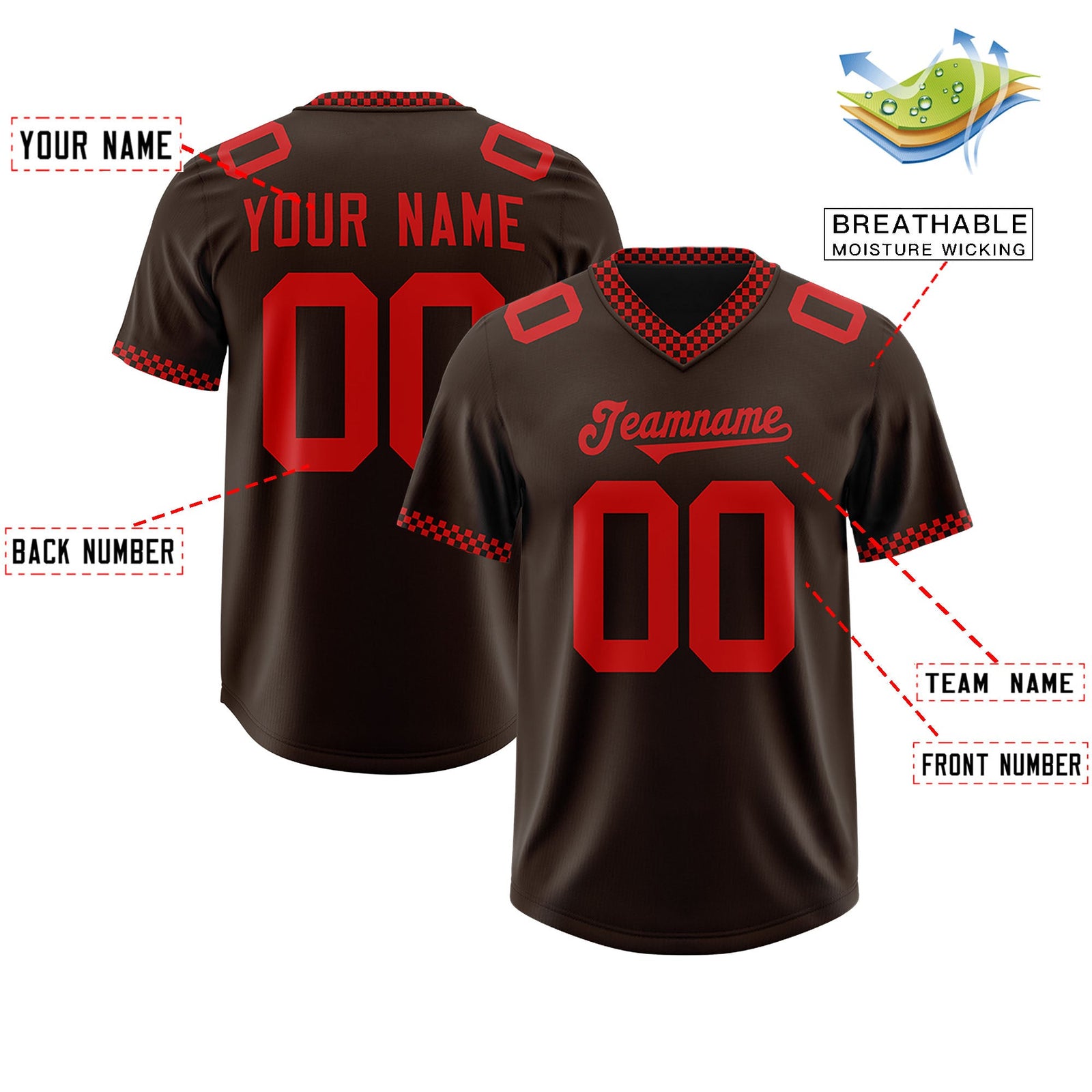 Custom Brown Red Personalized Neckline Square Classic Authentic Football Jersey