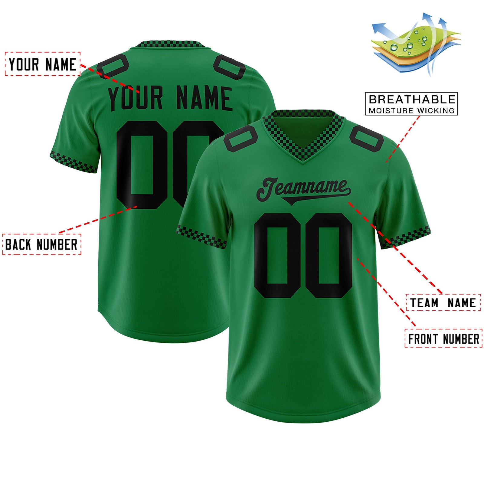 Custom Kelly Green Black Personalized Neckline Square Classic Authentic Football Jersey