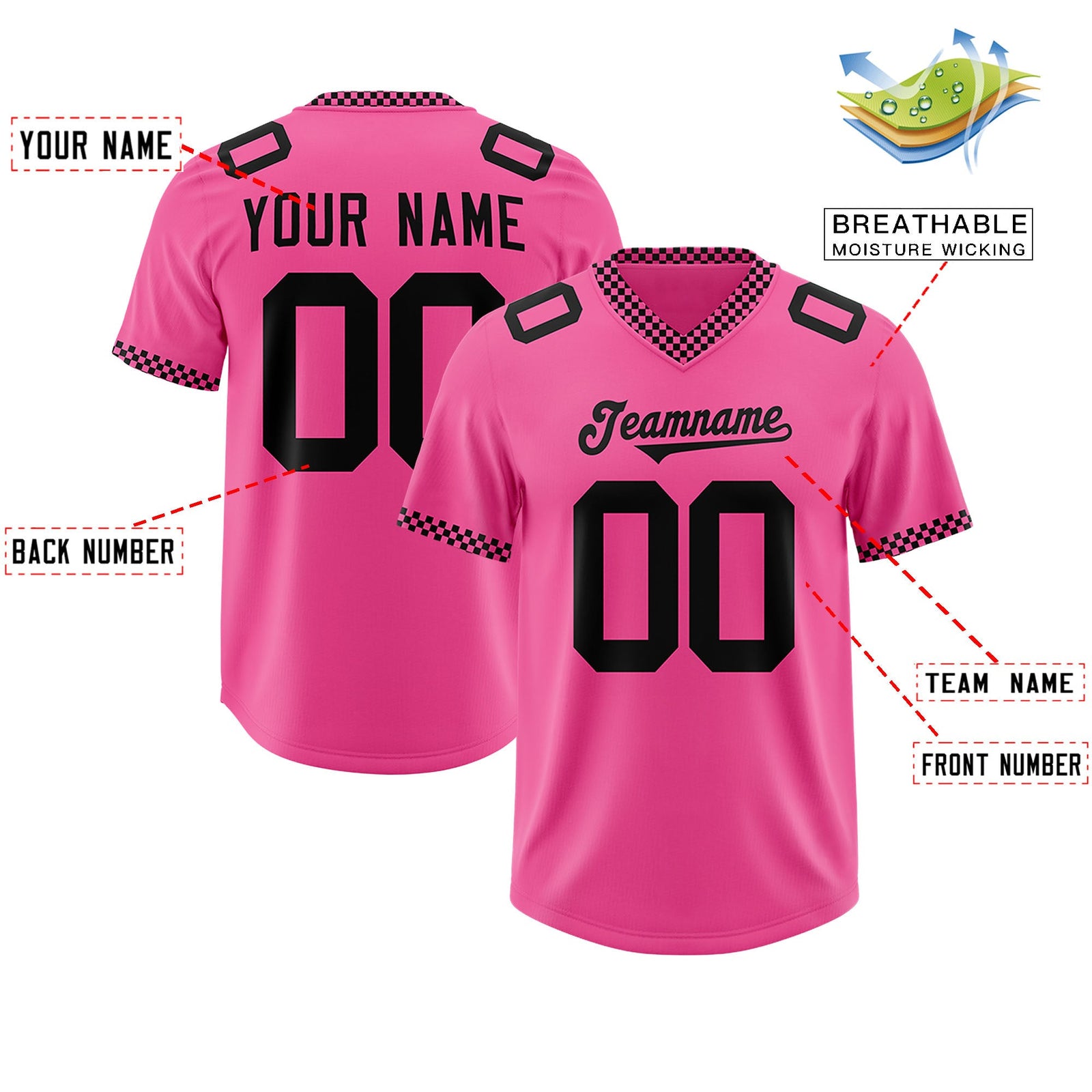 Custom Pink Black Personalized Neckline Square Classic Authentic Football Jersey