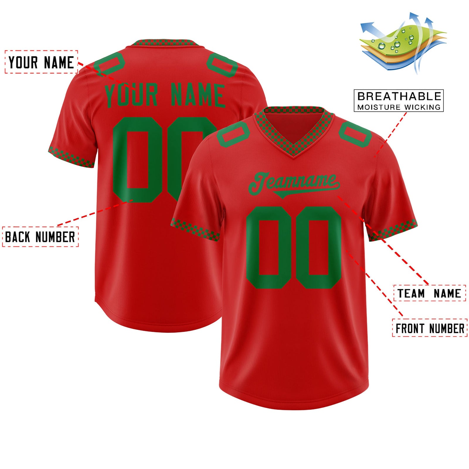 Custom Red Kelly Green Personalized Neckline Square Classic Authentic Football Jersey