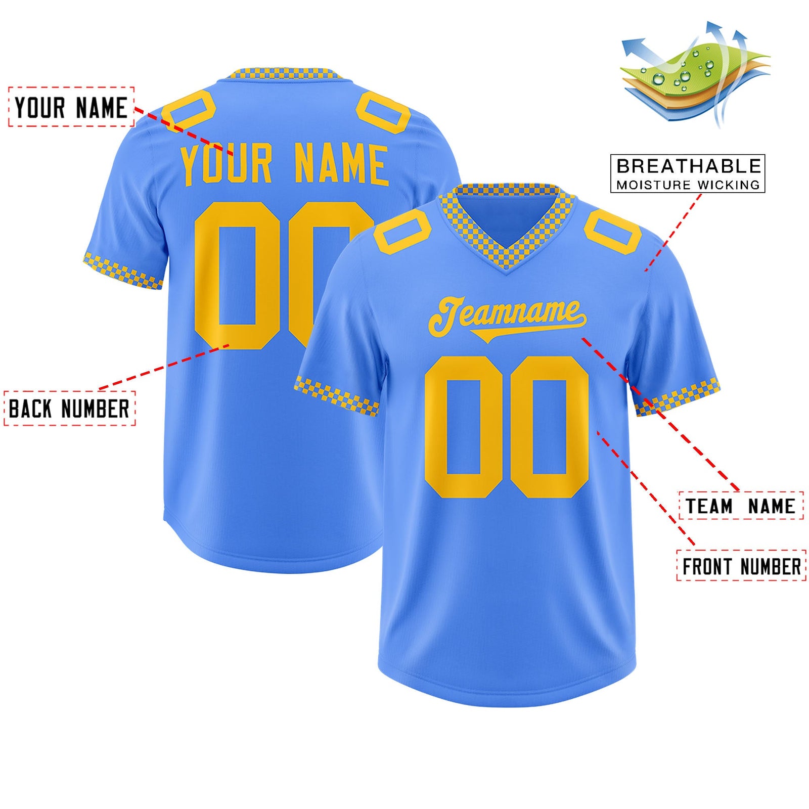 Custom Powder Blue Yellow Personalized Neckline Square Classic Authentic Football Jersey