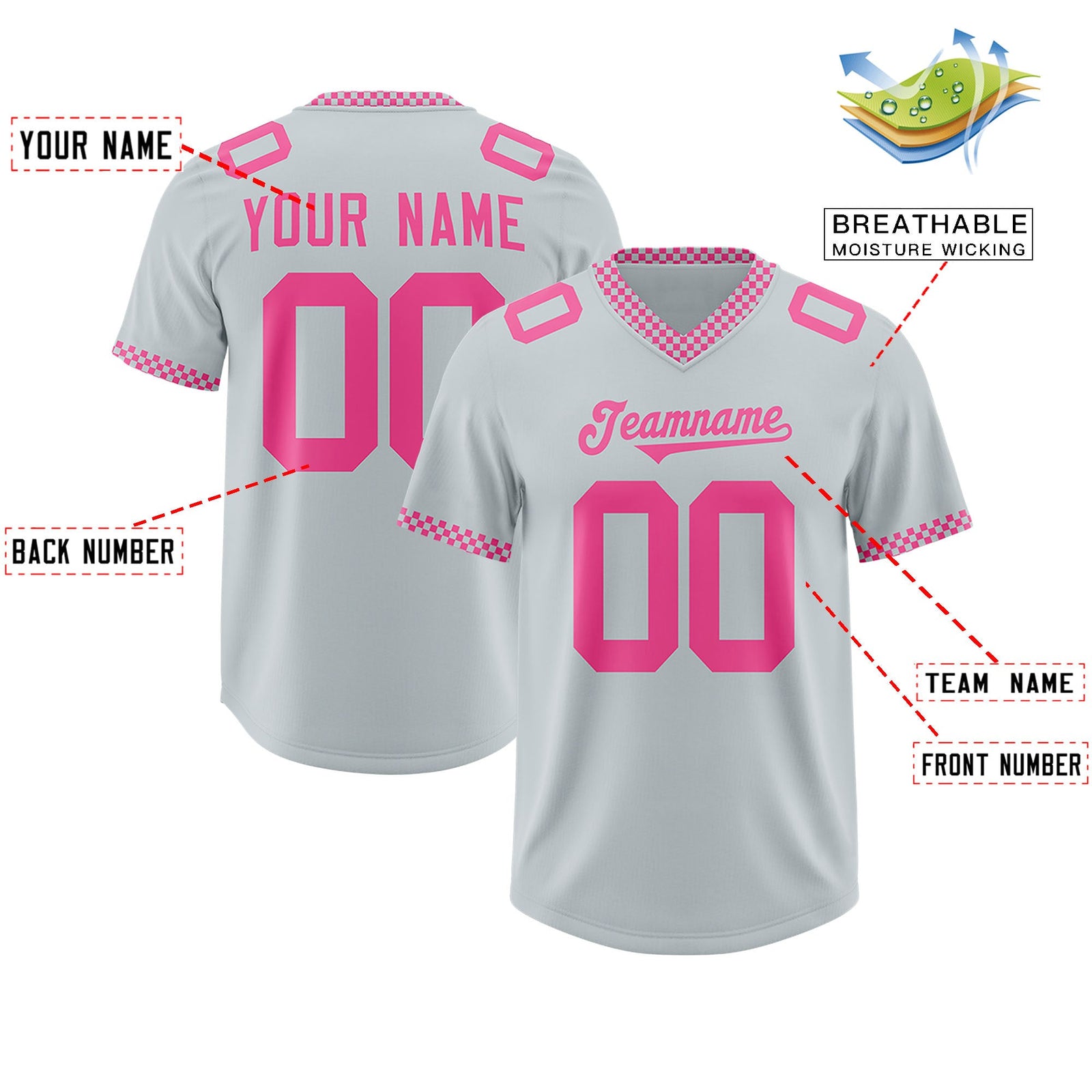 Custom Silver Pink Personalized Neckline Square Classic Authentic Football Jersey