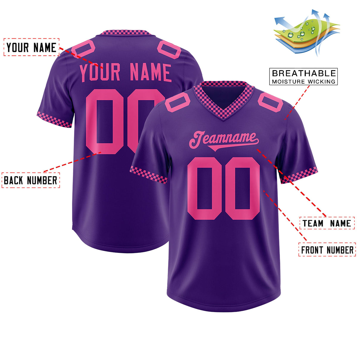 Custom Purple Pink Personalized Neckline Square Classic Authentic Football Jersey