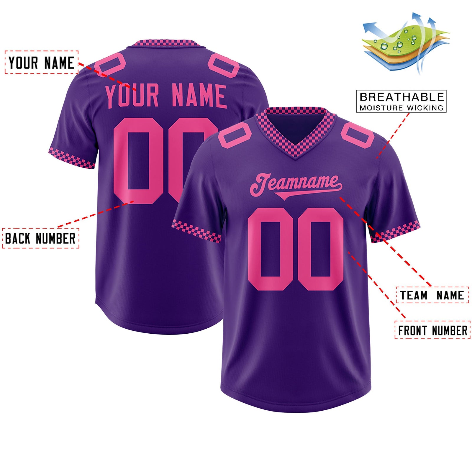 Custom Purple Pink Personalized Neckline Square Classic Authentic Football Jersey