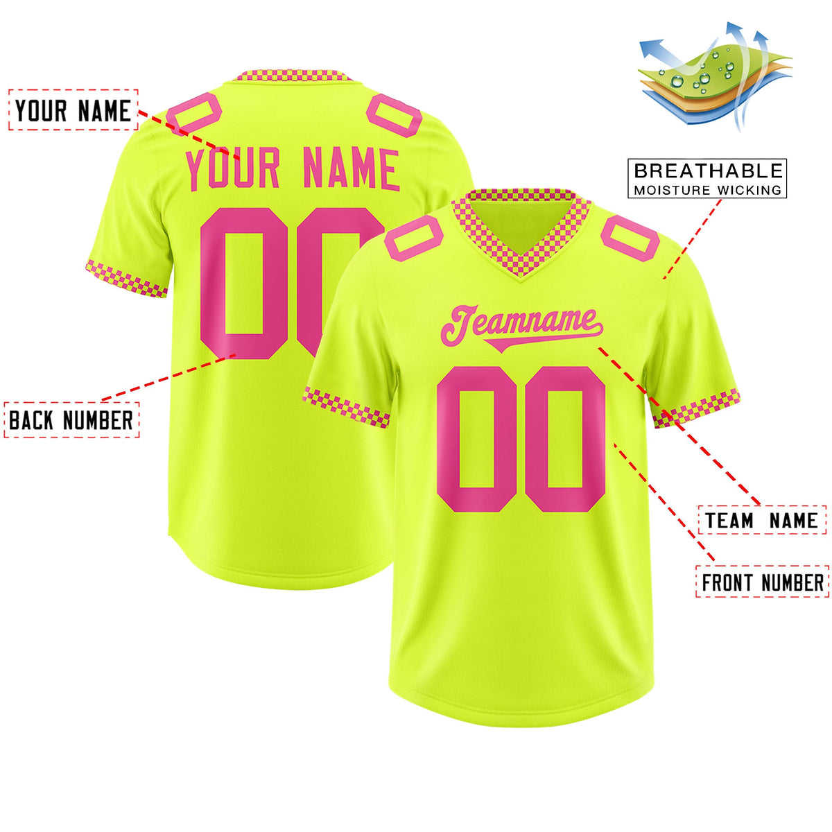 Custom Fluorescent Green Pink Personalized Neckline Square Classic Authentic Football Jersey