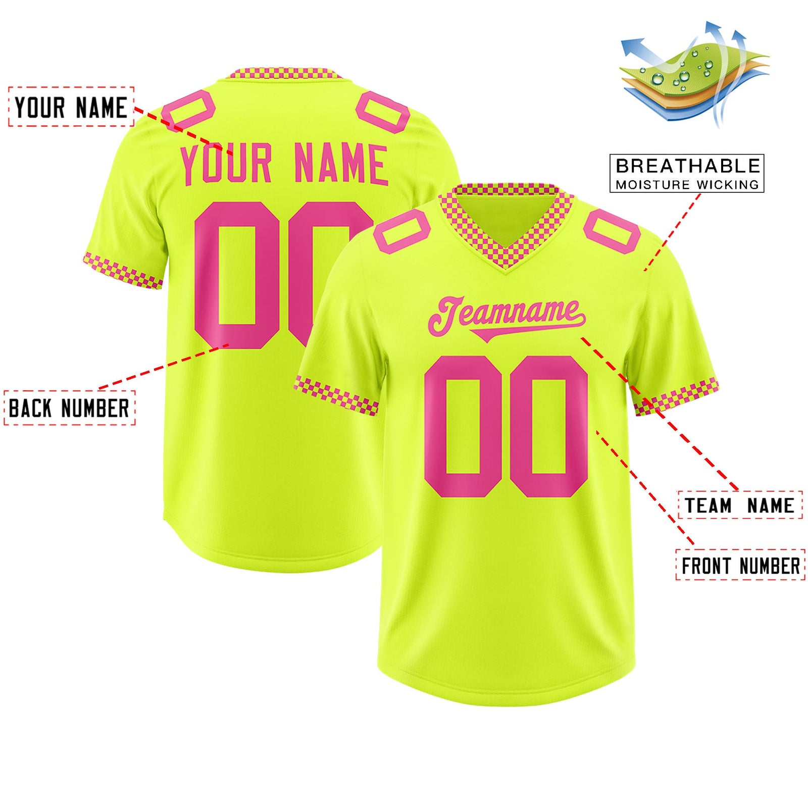Custom Fluorescent Green Pink Personalized Neckline Square Classic Authentic Football Jersey