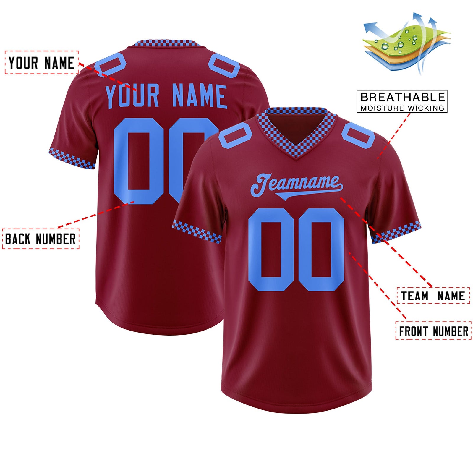 Custom Crimson Powder Blue Personalized Neckline Square Classic Authentic Football Jersey