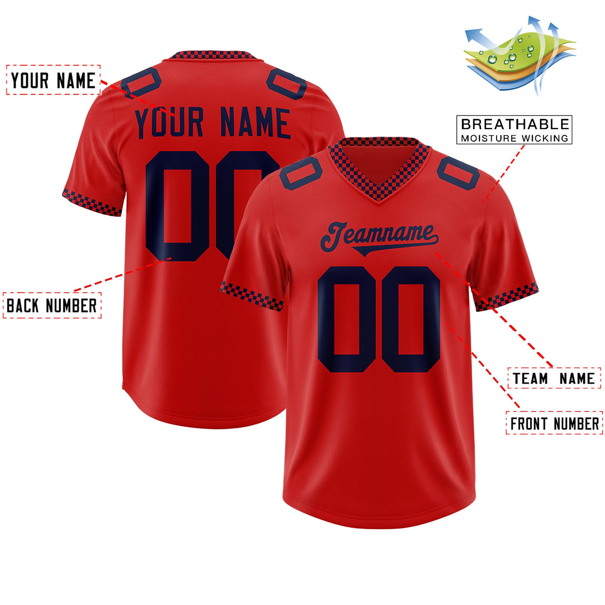 Custom Red Navy Personalized Neckline Square Classic Authentic Football Jersey