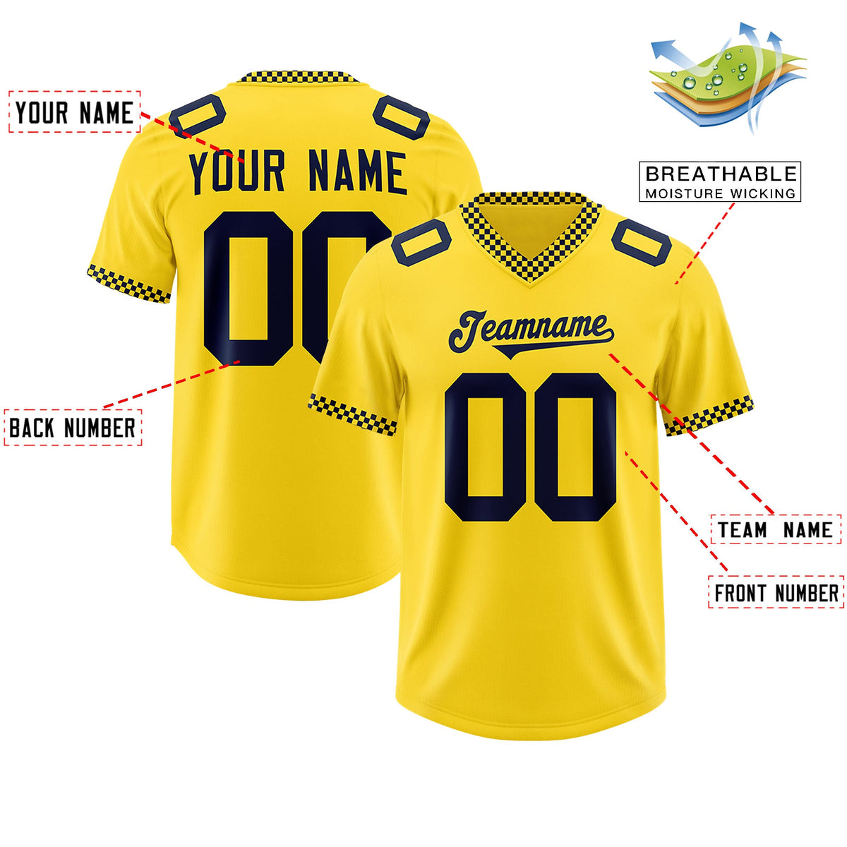 Custom Gold Navy Personalized Neckline Square Classic Authentic Football Jersey